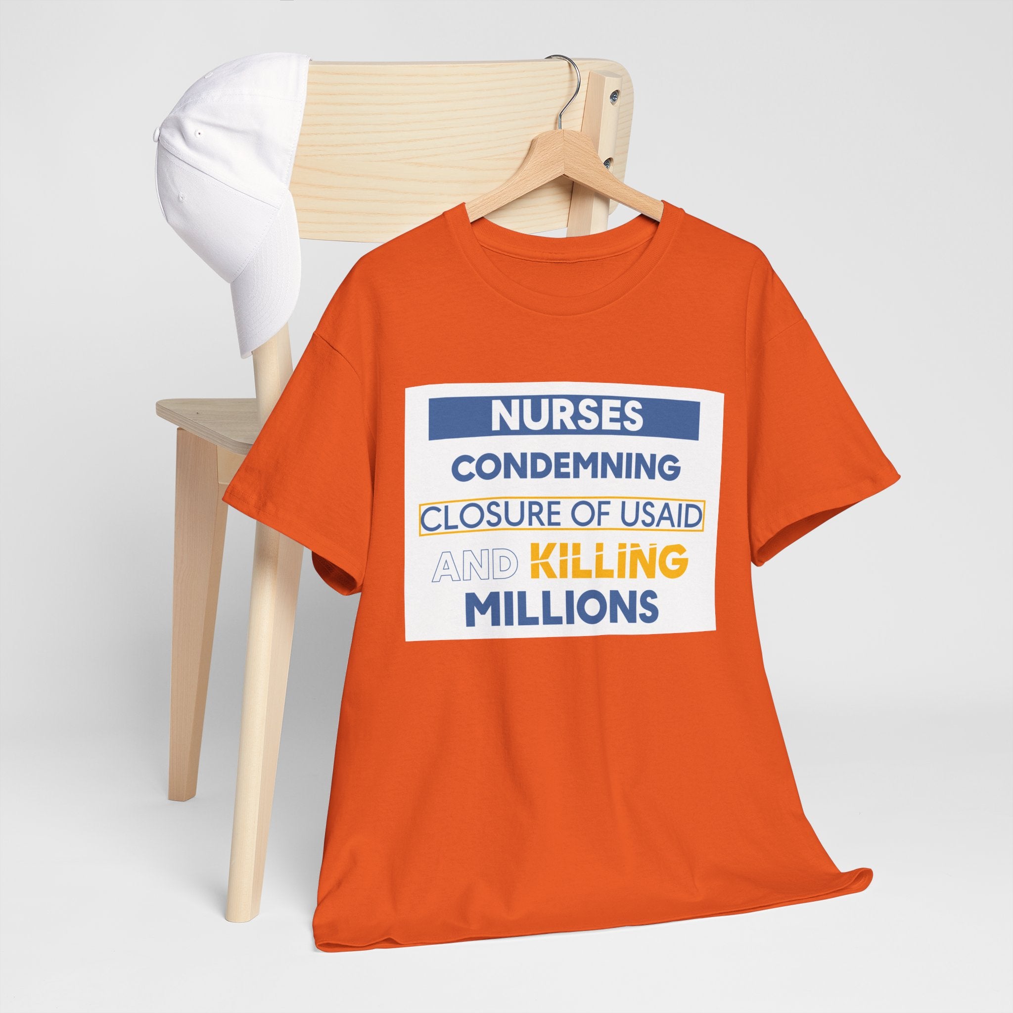 Unisex Medium fabric Cotton Tee - Nurses Condemning Closure of USAID (front) - Nurses For NIH CDC FEMA USAID And YOU (back) - 5.3 oz/yd² / 180 g/m² - NFG-T-G5000
