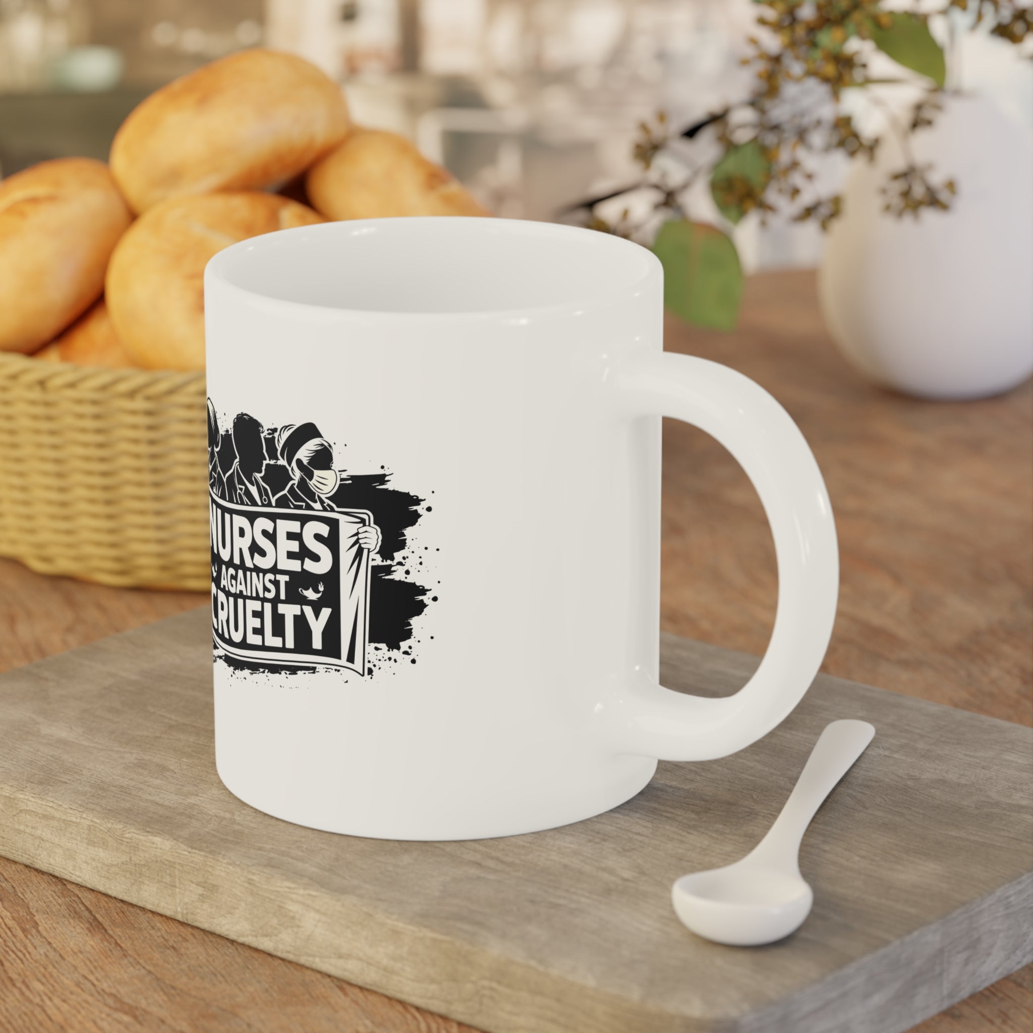 Unisex Ceramic Mug - Nurses Against Fascism (right) - Nurses Against Cruelty (left) - Durable white Ceramic - NAF-CM-ORCA