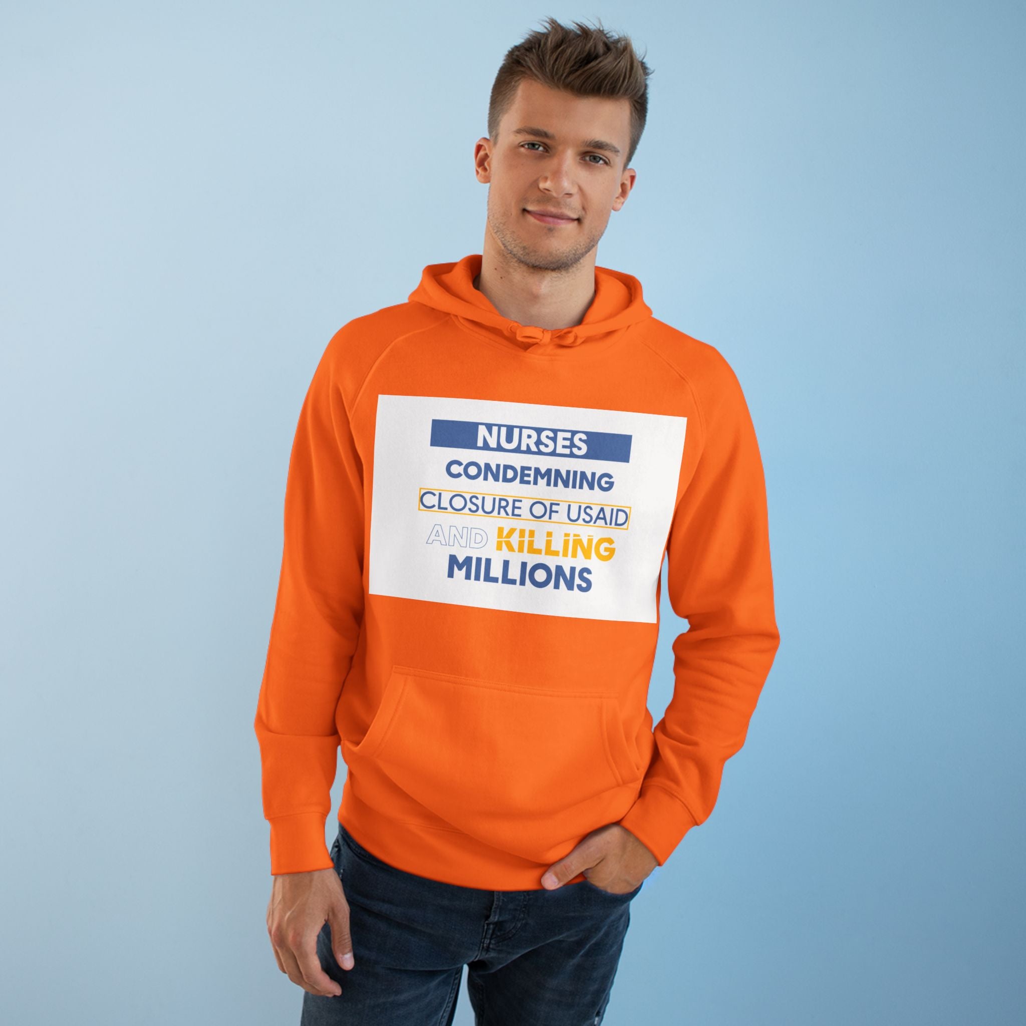 Unisex Mid-weight Hoodie - Nurses Condemning Closure of USAID (front) - Nurses For NIH CDC FEMA USAID And YOU (back) - 80% cotton, 20% Polyester - NFG-H-AC5101