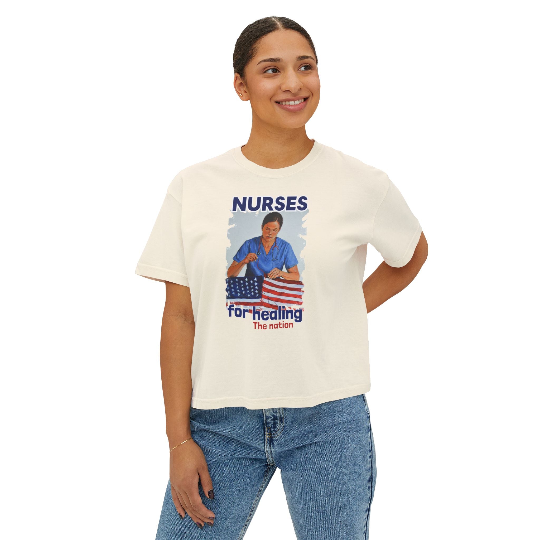 Women's Boxy Heavy fabric Tee - Nurses For Healing The Nation (front) - Nurses Standing Up For Humanity (back) - 100% ring-spun US cotton - NFH-T-CC3023CL