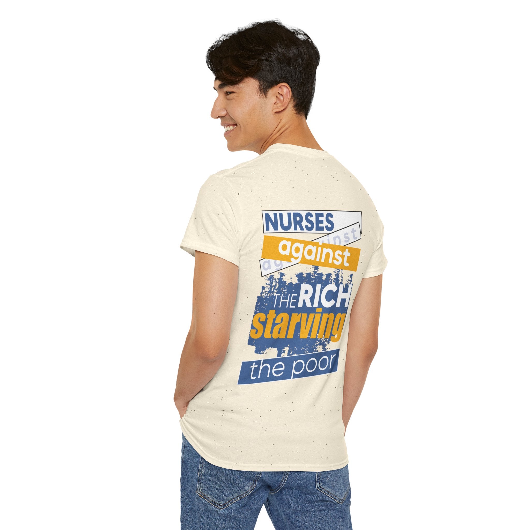 Unisex Medium fabric Cotton Tee - Free School Lunches For All (front) - Nurses Against The Rich Starving The Poor (back) - 5.3 oz/yd² / 180 g/m² - NAH-T-G5000
