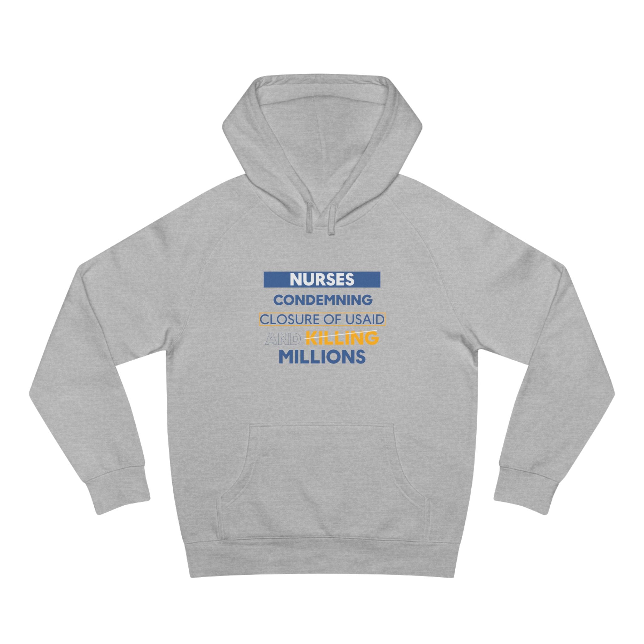 Unisex Mid-weight Hoodie - Nurses Condemning Closure of USAID (front) - Nurses For NIH CDC FEMA USAID And YOU (back) - 80% cotton, 20% Polyester - NFG-H-AC5101