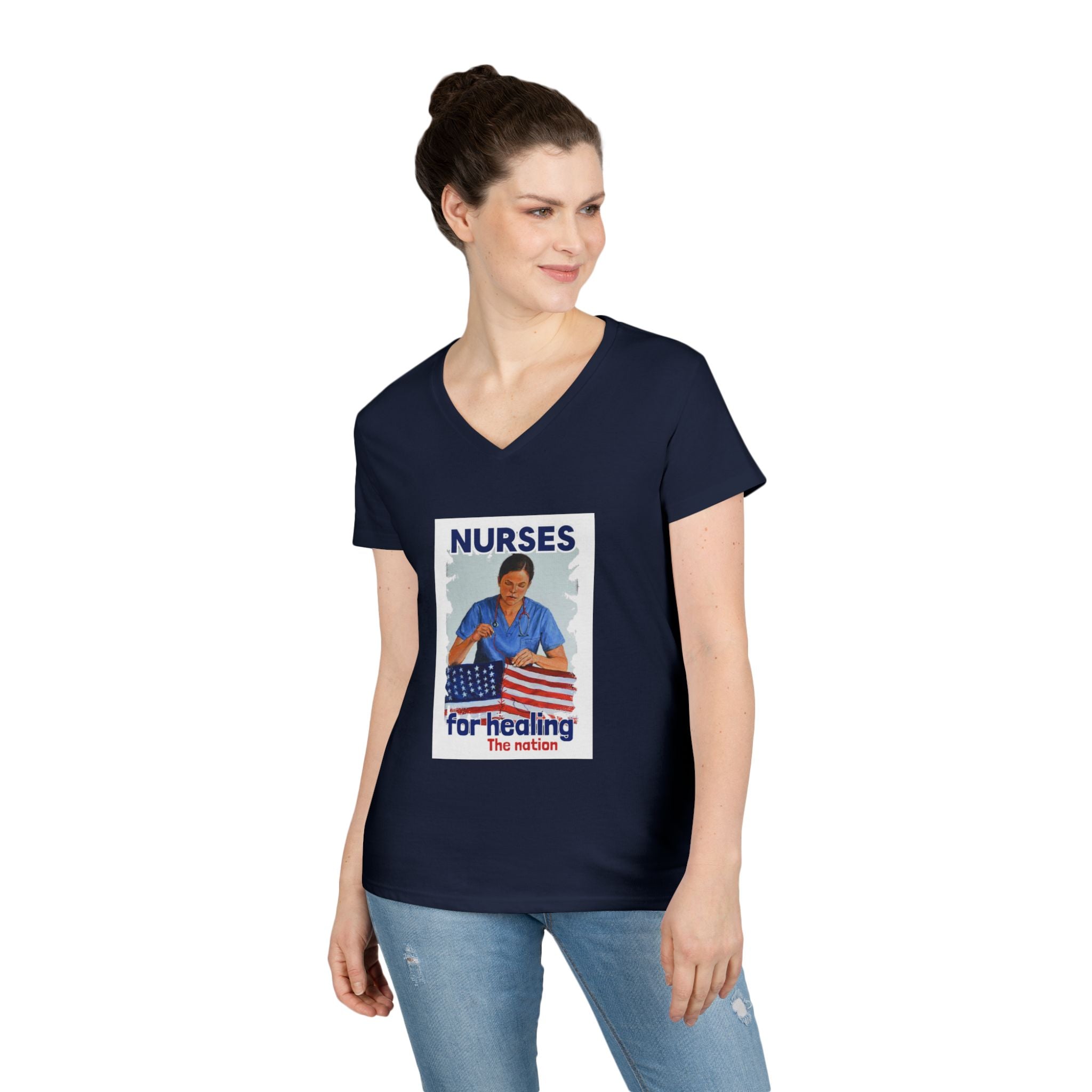 Women's Medium fabric V-Neck T-Shirt - Nurses For Healing The Nation (front) - Nurses Standing Up For Humanity (back) - 100% cotton - NFH-V-G5V00L