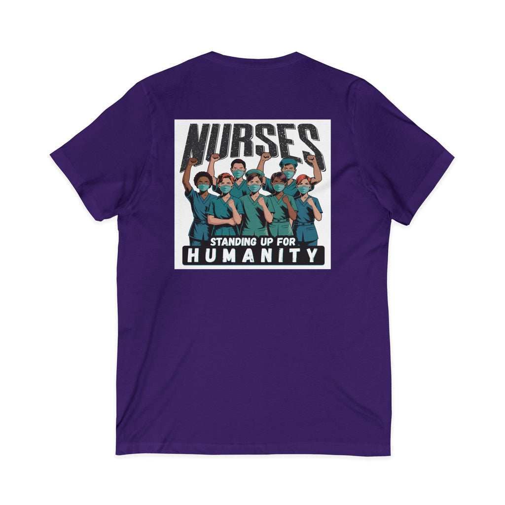Unisex Lightweight fabric Jersey Short Sleeve V-Neck Tee - Nurses For Healing The Nation (front) - Nurses Standing Up For Humanity (back) - 100% cotton fabric - NFH-V-BC3005