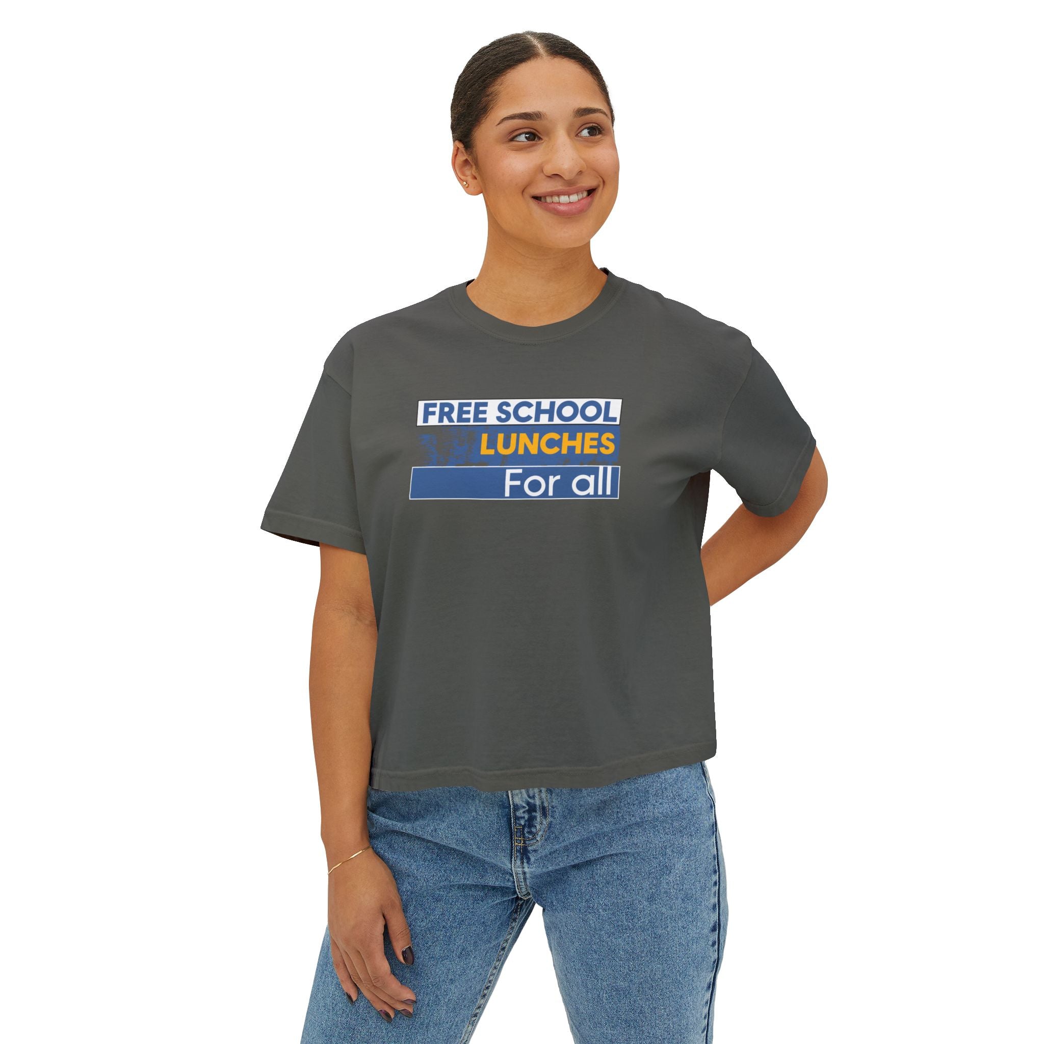 Women's Boxy Heavy fabric Tee - Free School Lunches For All (front) - Nurses Against The Rich Starving The Poor (back) - 100% ring-spun US cotton - NAH-T-CC3023CL