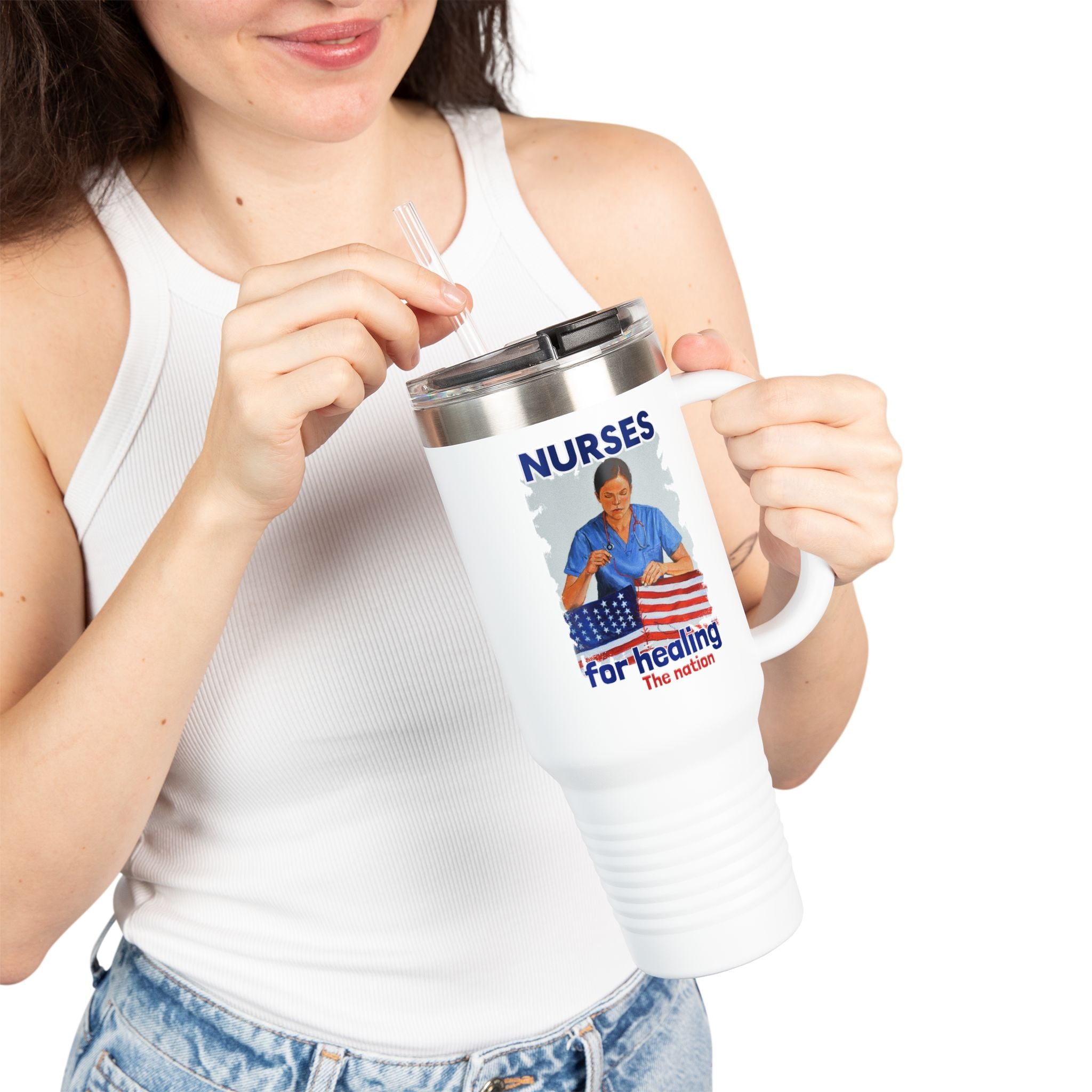 Travel Mug - Nurses For Healing The Nation (front) - Nurses Standing Up For Humanity (back) - 100% stainless steel (body) - NFH-TM-40oz