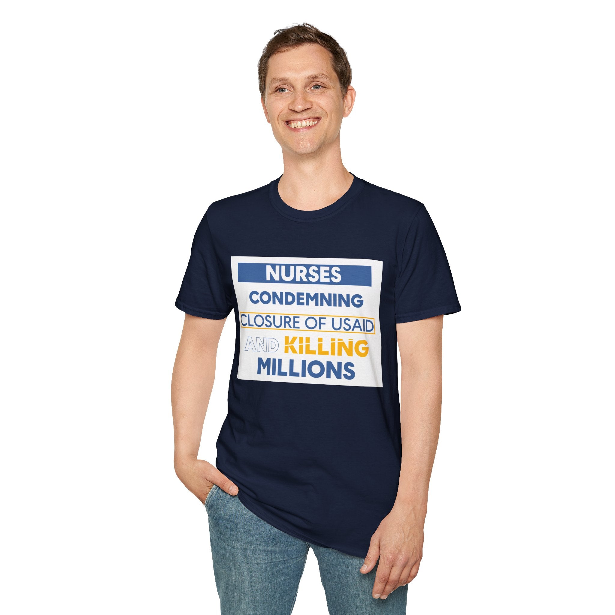 Unisex Lightweight fabric T-Shirt - Nurses Condemning Closure of USAID (front) - Nurses For NIH CDC FEMA USAID And YOU (back) - 100% ring-spun cotton - NFG-T-G64000