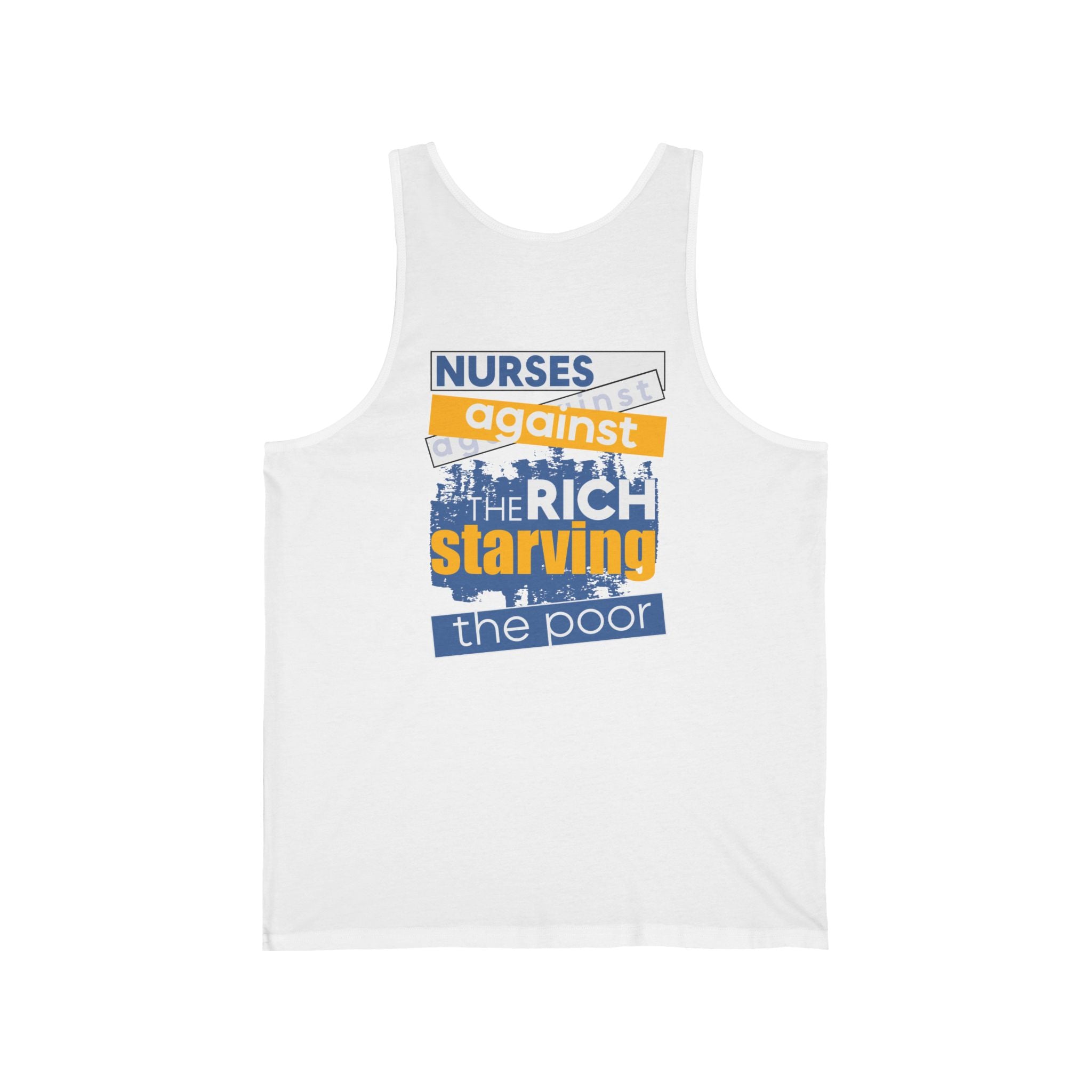 Unisex Light fabric Jersey Tank - Free School Lunches For All (front) - Nurses Against The Rich Starving The Poor (back) - 100% Airlume combed and ring-spun cotton - NAH-K-BC3480