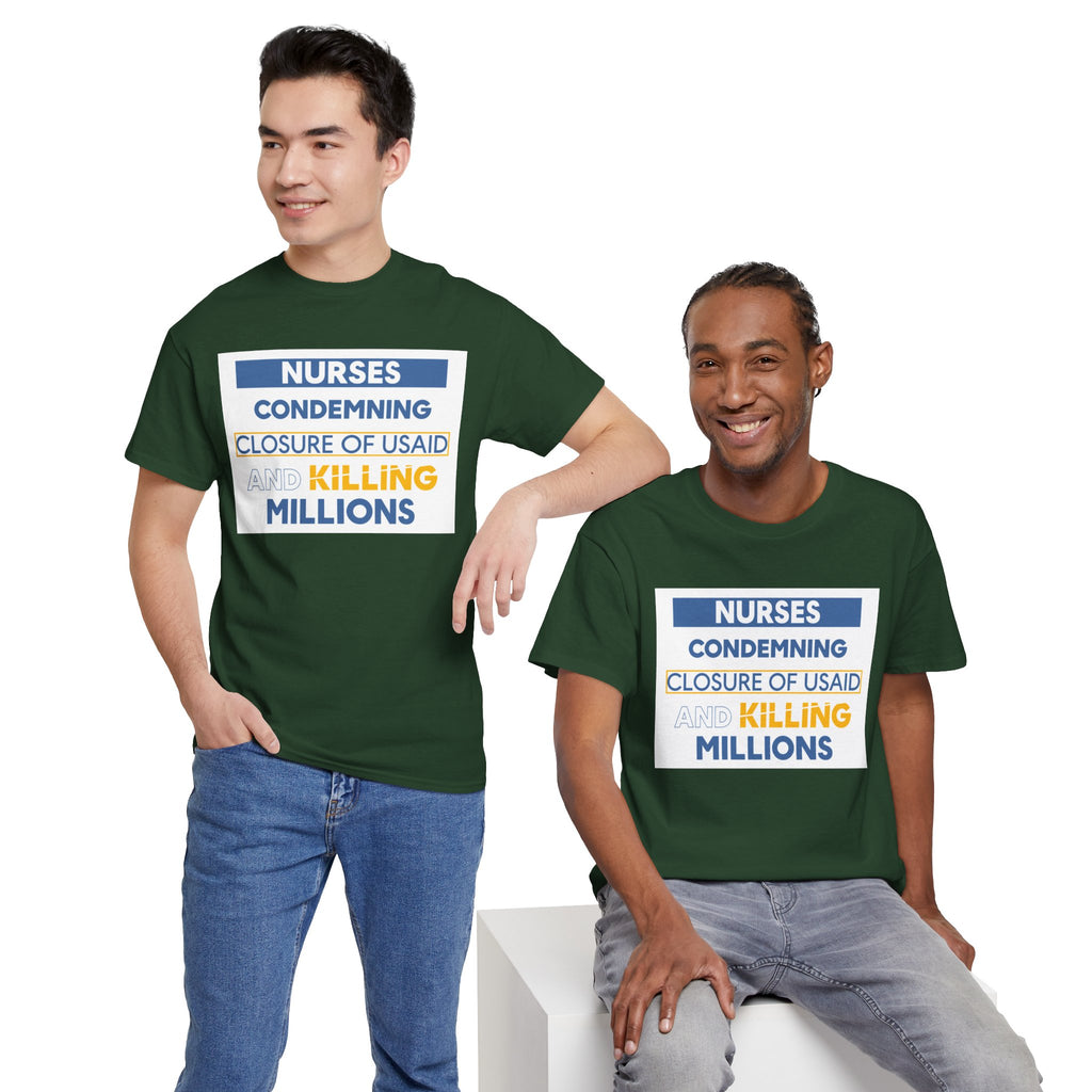 Unisex Medium fabric Cotton Tee - Nurses Condemning Closure of USAID (front) - Nurses For NIH CDC FEMA USAID And YOU (back) - 5.3 oz/yd² / 180 g/m² - NFG-T-G5000