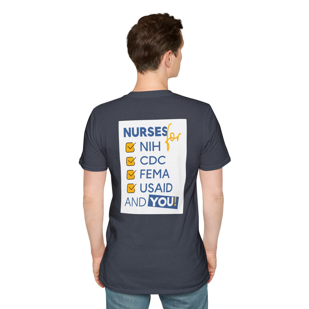 Unisex Lightweight fabric T-Shirt - Nurses Condemning Closure of USAID (front) - Nurses For NIH CDC FEMA USAID And YOU (back) - 100% ring-spun cotton - NFG-T-G64000