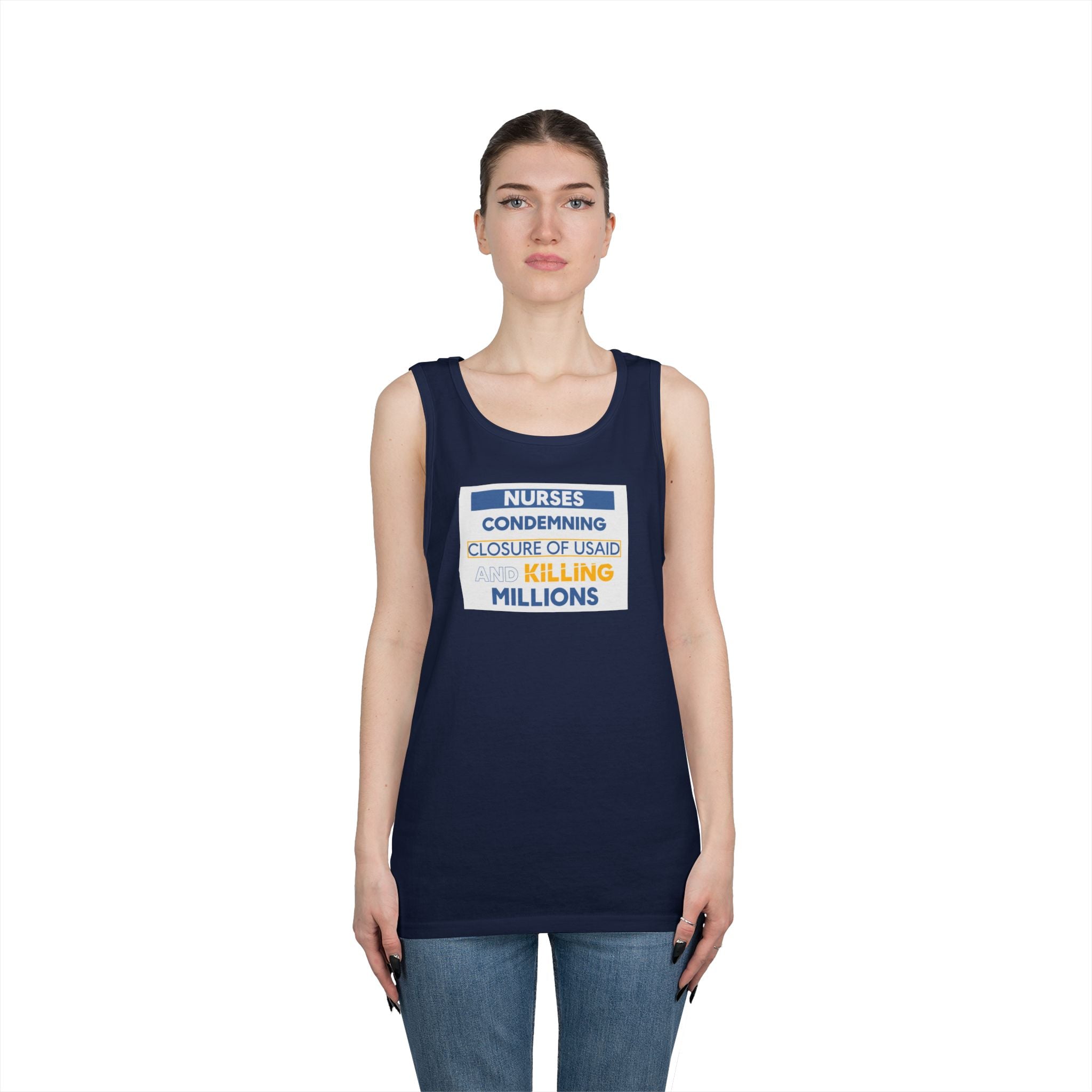 Unisex Medium fabric Cotton Tank Top - Nurses Condemning Closure of USAID (front) - Nurses For NIH CDC FEMA USAID And YOU (back) - 100% cotton - NFG-K-G5200