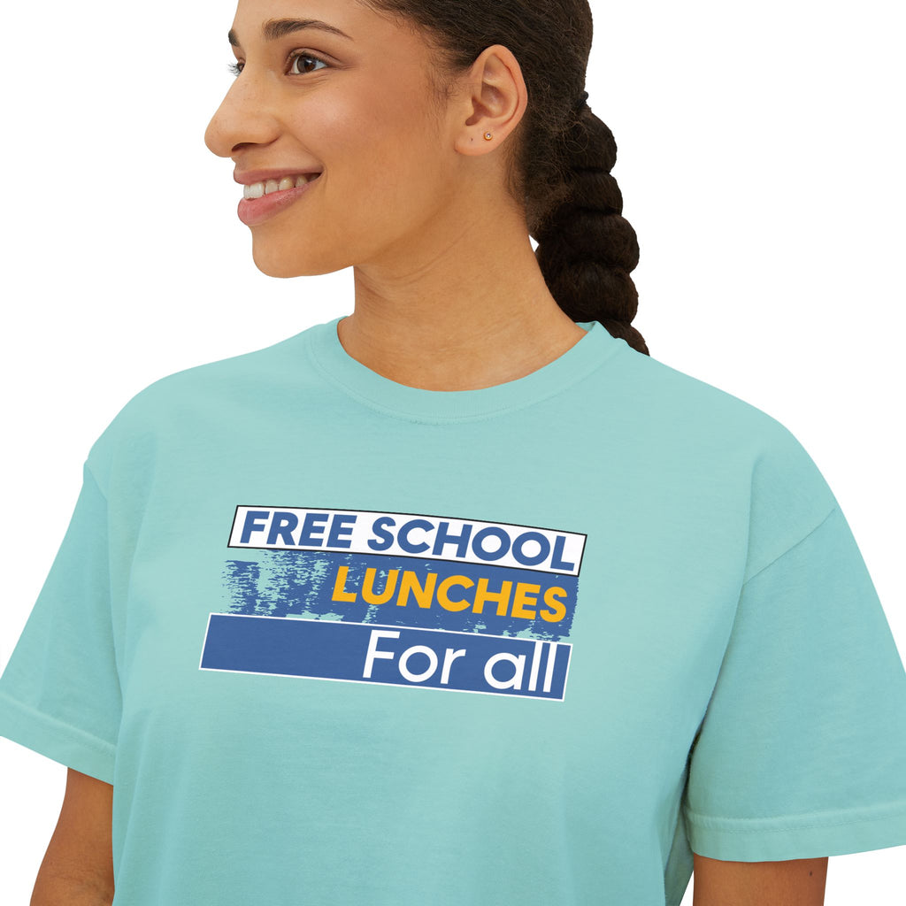 Women's Boxy Heavy fabric Tee - Free School Lunches For All (front) - Nurses Against The Rich Starving The Poor (back) - 100% ring-spun US cotton - NAH-T-CC3023CL