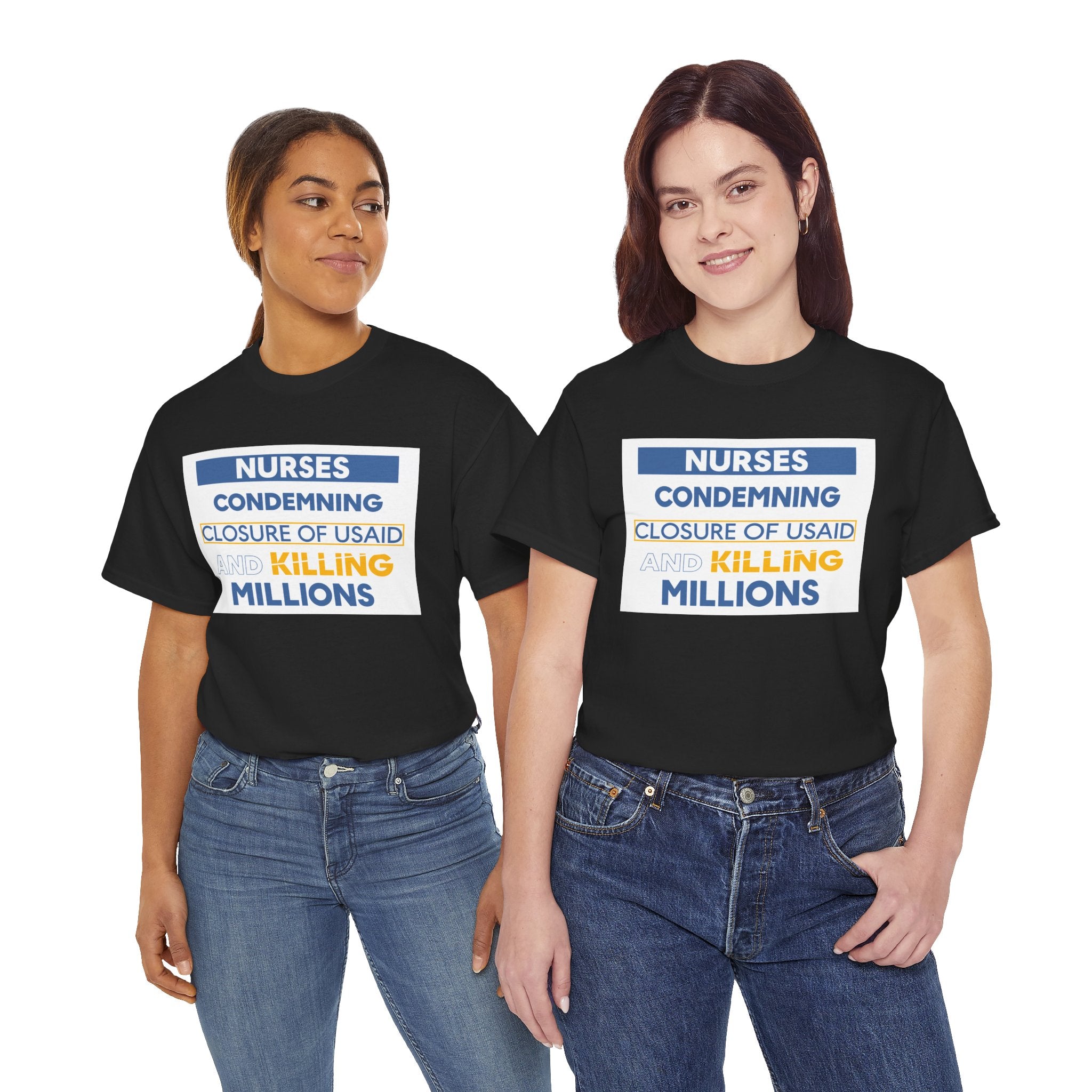 Unisex Medium fabric Cotton Tee - Nurses Condemning Closure of USAID (front) - Nurses For NIH CDC FEMA USAID And YOU (back) - 5.3 oz/yd² / 180 g/m² - NFG-T-G5000
