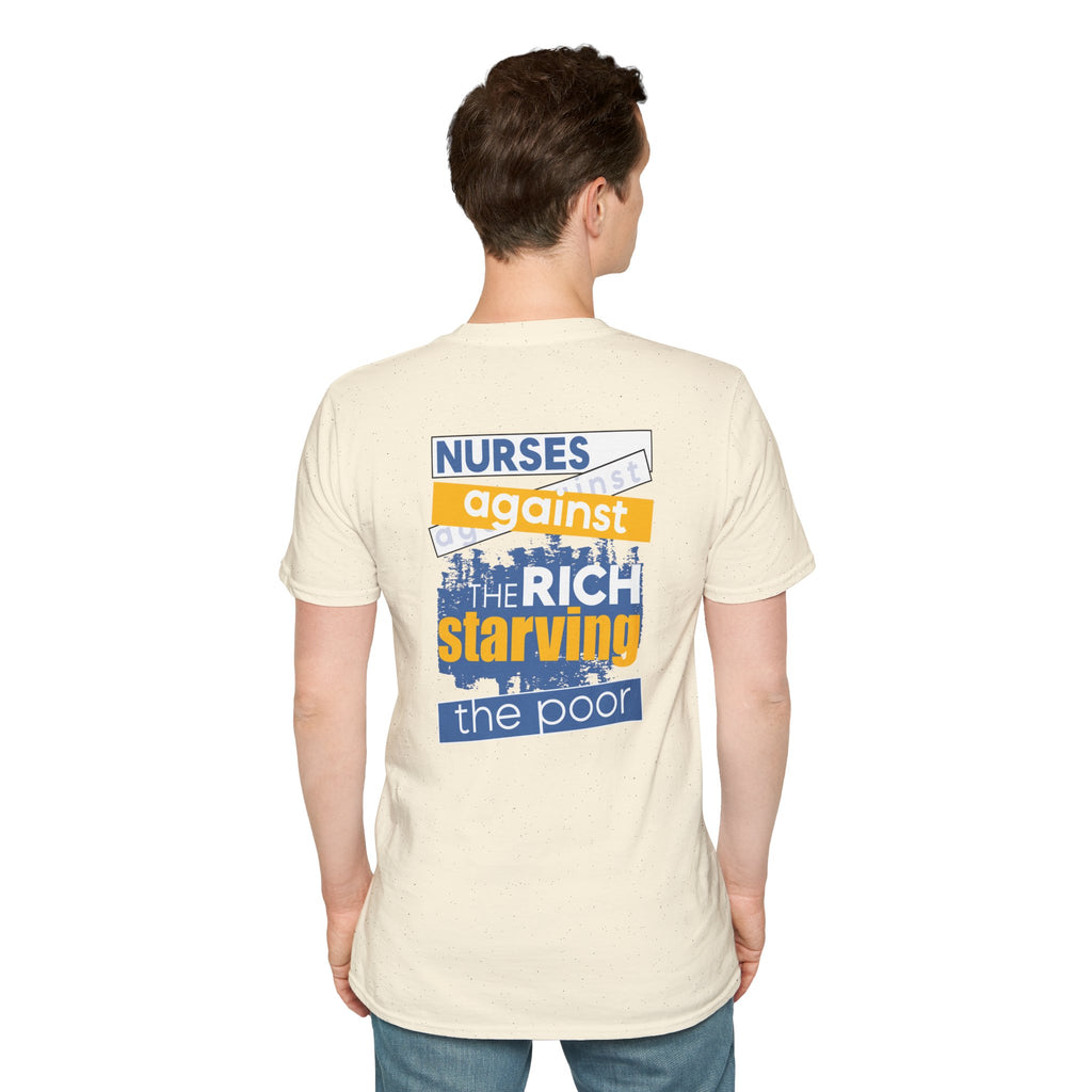 Unisex Lightweight fabric T-Shirt - Free School Lunches For All (front) - Nurses Against The Rich Starving The Poor (back) - 100% ring-spun cotton - NAH-T-G64000
