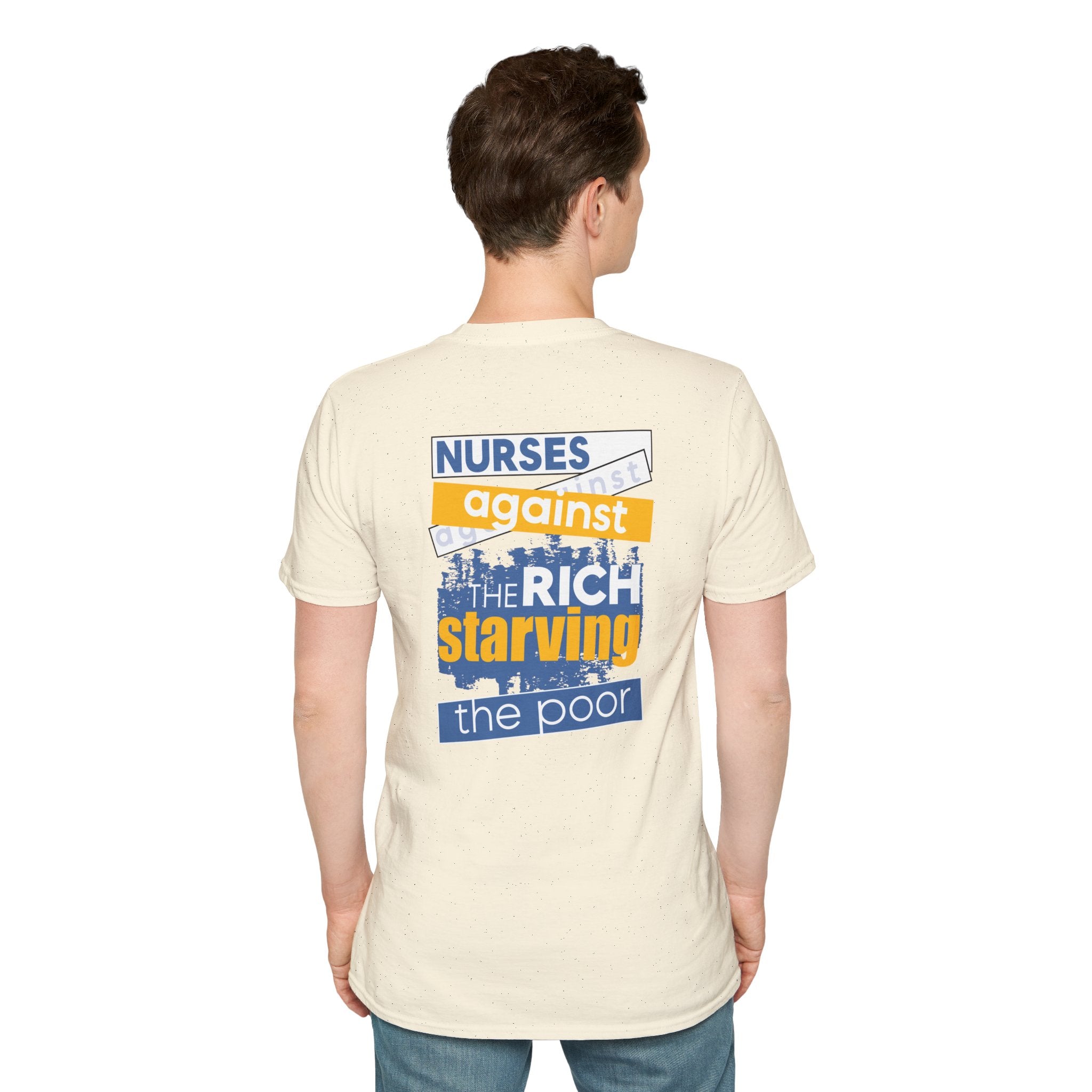 Unisex Lightweight fabric T-Shirt - Free School Lunches For All (front) - Nurses Against The Rich Starving The Poor (back) - 100% ring-spun cotton - NAH-T-G64000