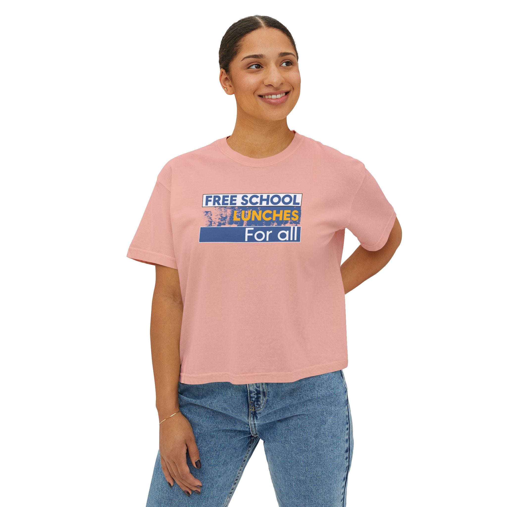 Women's Boxy Heavy fabric Tee - Free School Lunches For All (front) - Nurses Against The Rich Starving The Poor (back) - 100% ring-spun US cotton - NAH-T-CC3023CL