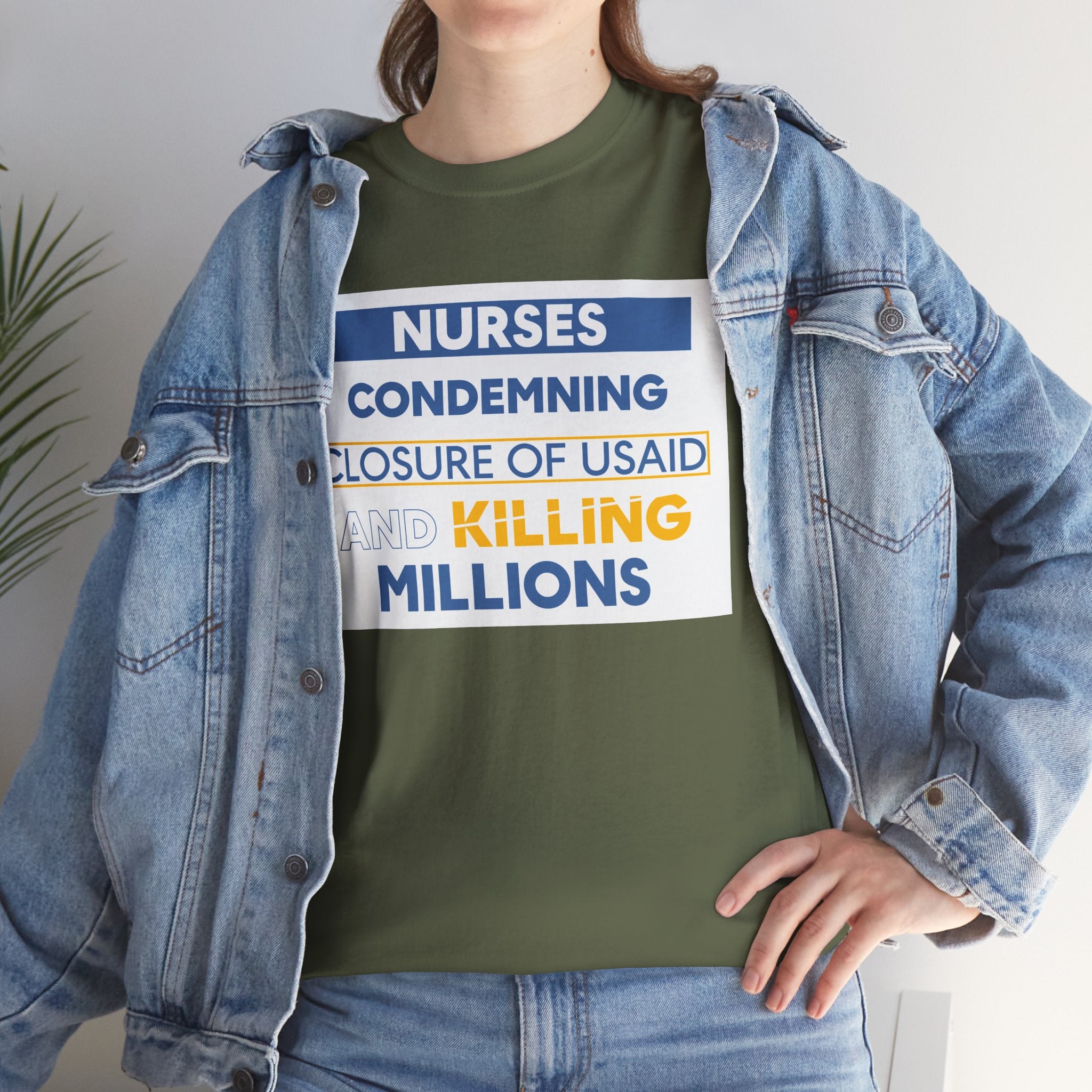 Unisex Medium fabric Cotton Tee - Nurses Condemning Closure of USAID (front) - Nurses For NIH CDC FEMA USAID And YOU (back) - 5.3 oz/yd² / 180 g/m² - NFG-T-G5000