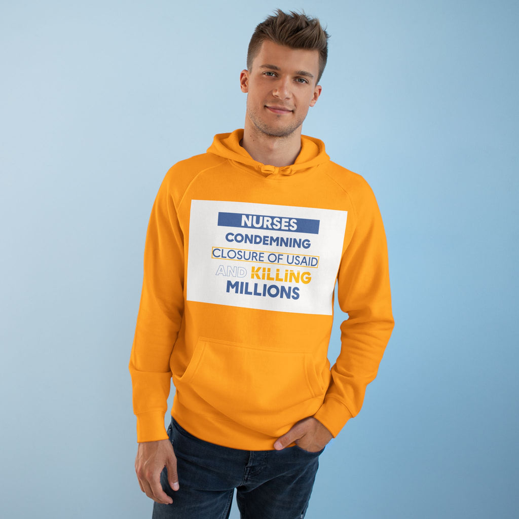 Unisex Mid-weight Hoodie - Nurses Condemning Closure of USAID (front) - Nurses For NIH CDC FEMA USAID And YOU (back) - 80% cotton, 20% Polyester - NFG-H-AC5101
