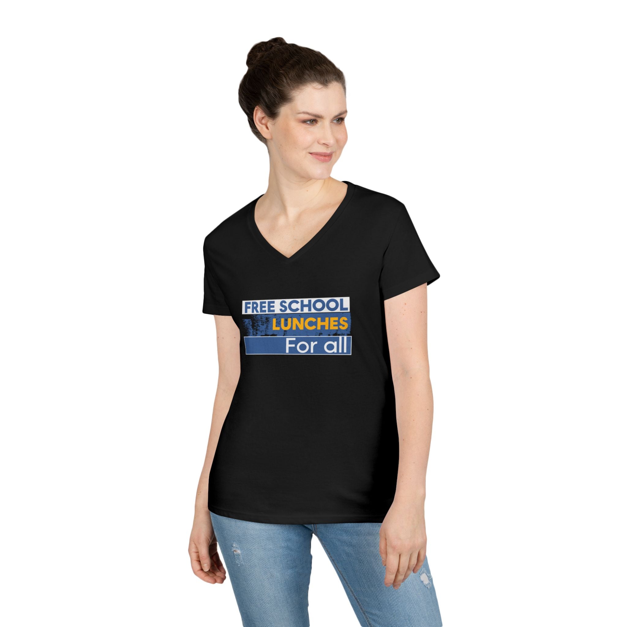 Women's Medium fabric V-Neck T-Shirt - Free School Lunches For All (front) - Nurses Against The Rich Starving The Poor (back) - 100% cotton - NAH-V-G5V00L