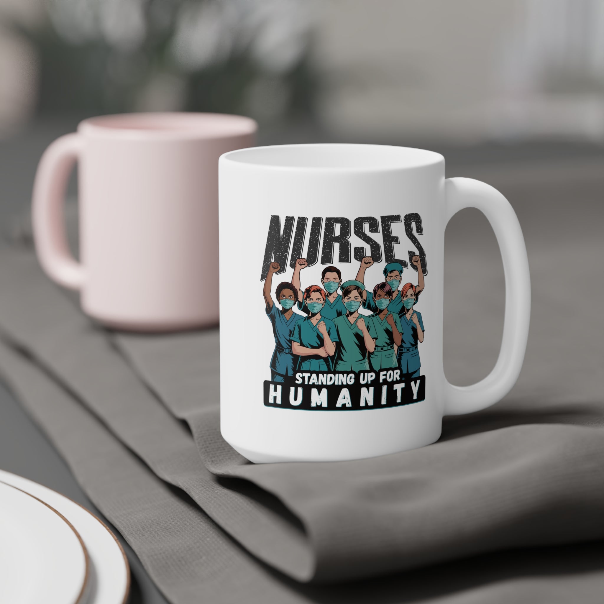 Unisex Ceramic Mug - Nurses For Healing The Nation (right) - Nurses Standing Up For Humanity (left) - Durable white Ceramic - NFH-CM-ORCA