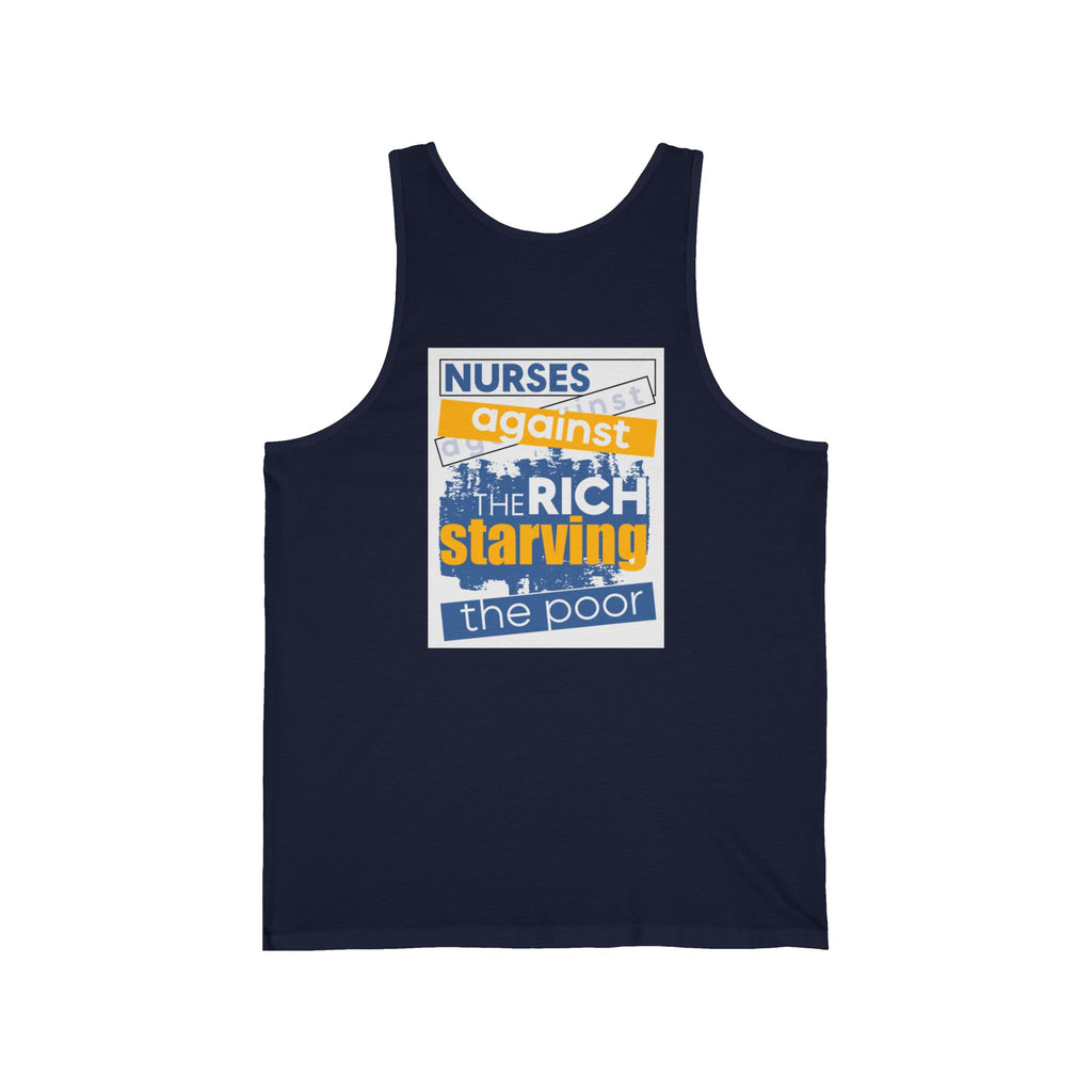 Unisex Light fabric Jersey Tank - Free School Lunches For All (front) - Nurses Against The Rich Starving The Poor (back) - 100% Airlume combed and ring-spun cotton - NAH-K-BC3480