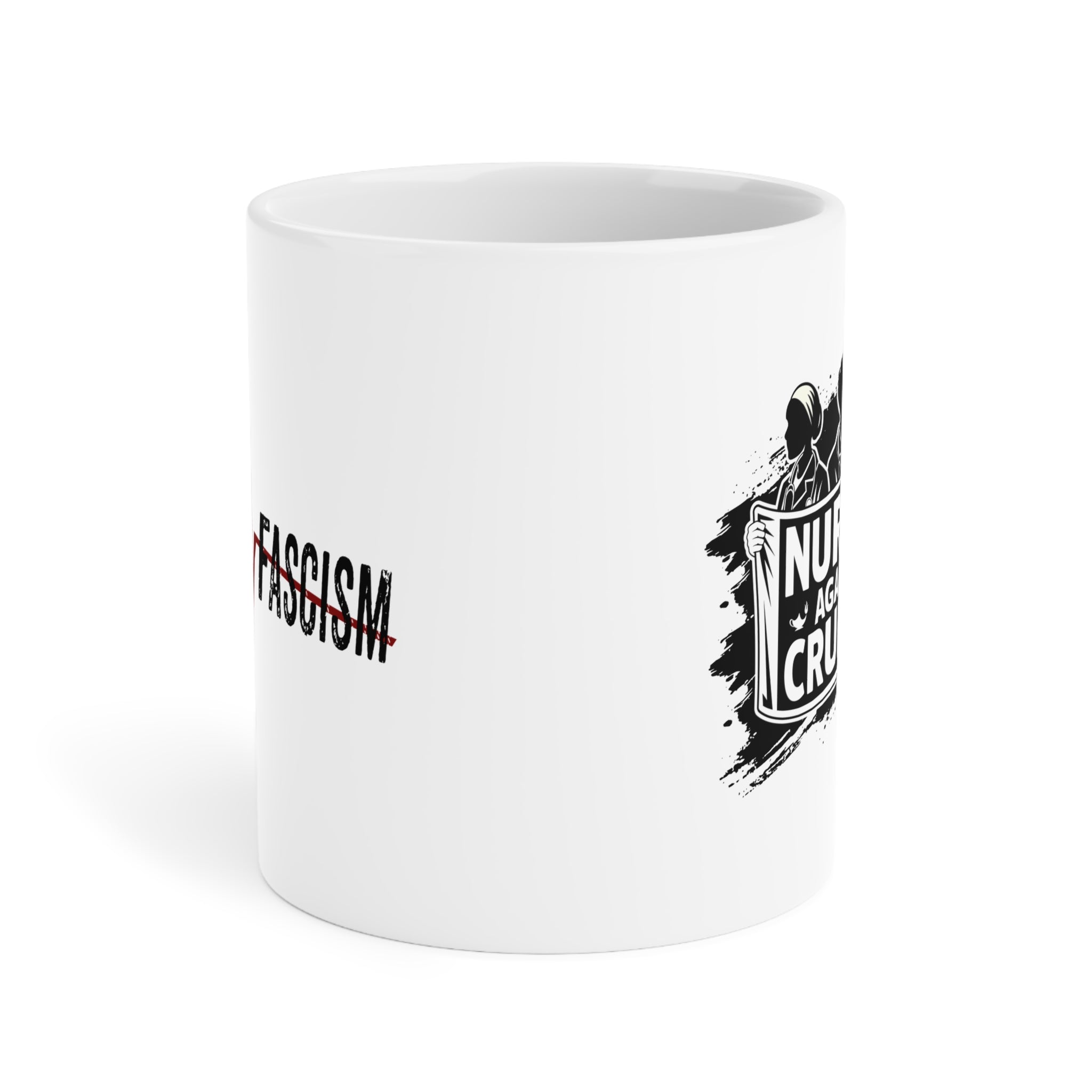 Unisex Ceramic Mug - Nurses Against Fascism (right) - Nurses Against Cruelty (left) - Durable white Ceramic - NAF-CM-ORCA