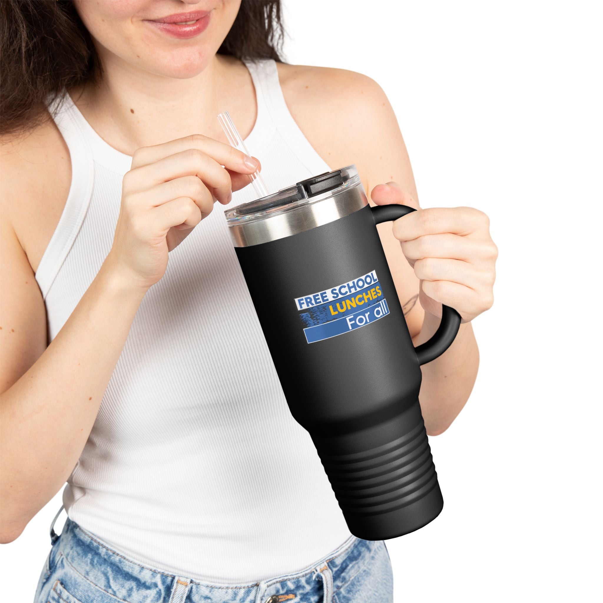 Travel Mug - Free School Lunches For All (front) - Nurses Against The Rich Starving The Poor (back) - 100% stainless steel (body) - NAH-TM-40oz