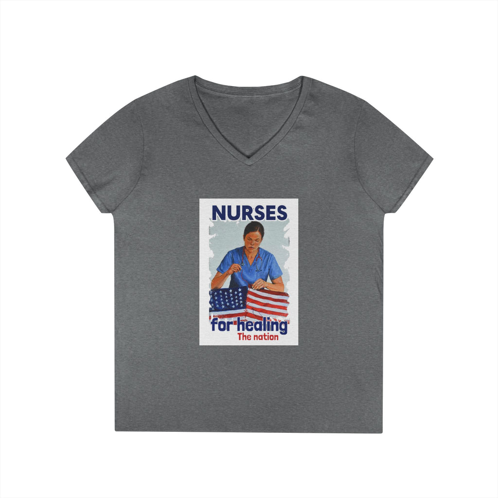 Women's Medium fabric V-Neck T-Shirt - Nurses For Healing The Nation (front) - Nurses Standing Up For Humanity (back) - 100% cotton - NFH-V-G5V00L