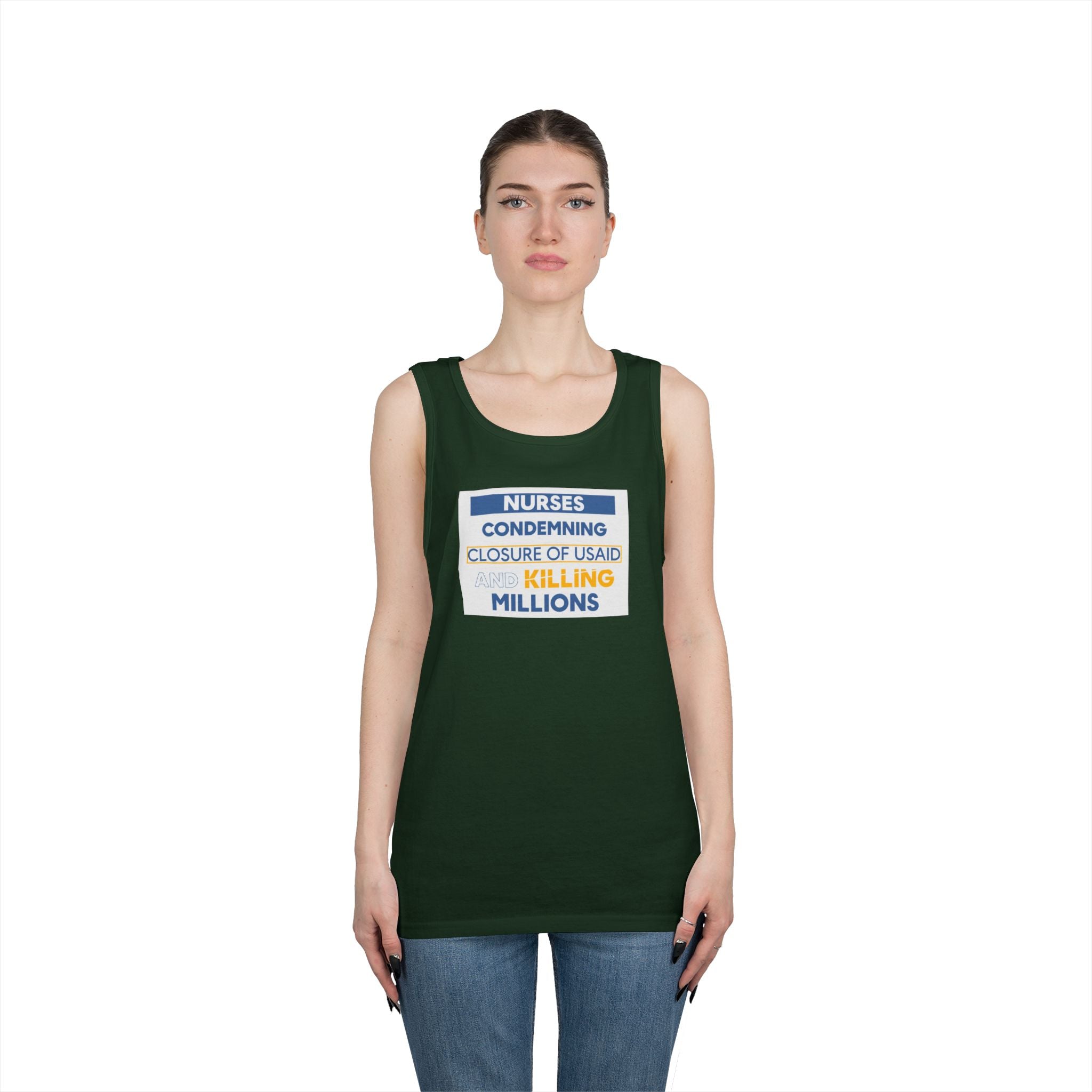 Unisex Medium fabric Cotton Tank Top - Nurses Condemning Closure of USAID (front) - Nurses For NIH CDC FEMA USAID And YOU (back) - 100% cotton - NFG-K-G5200