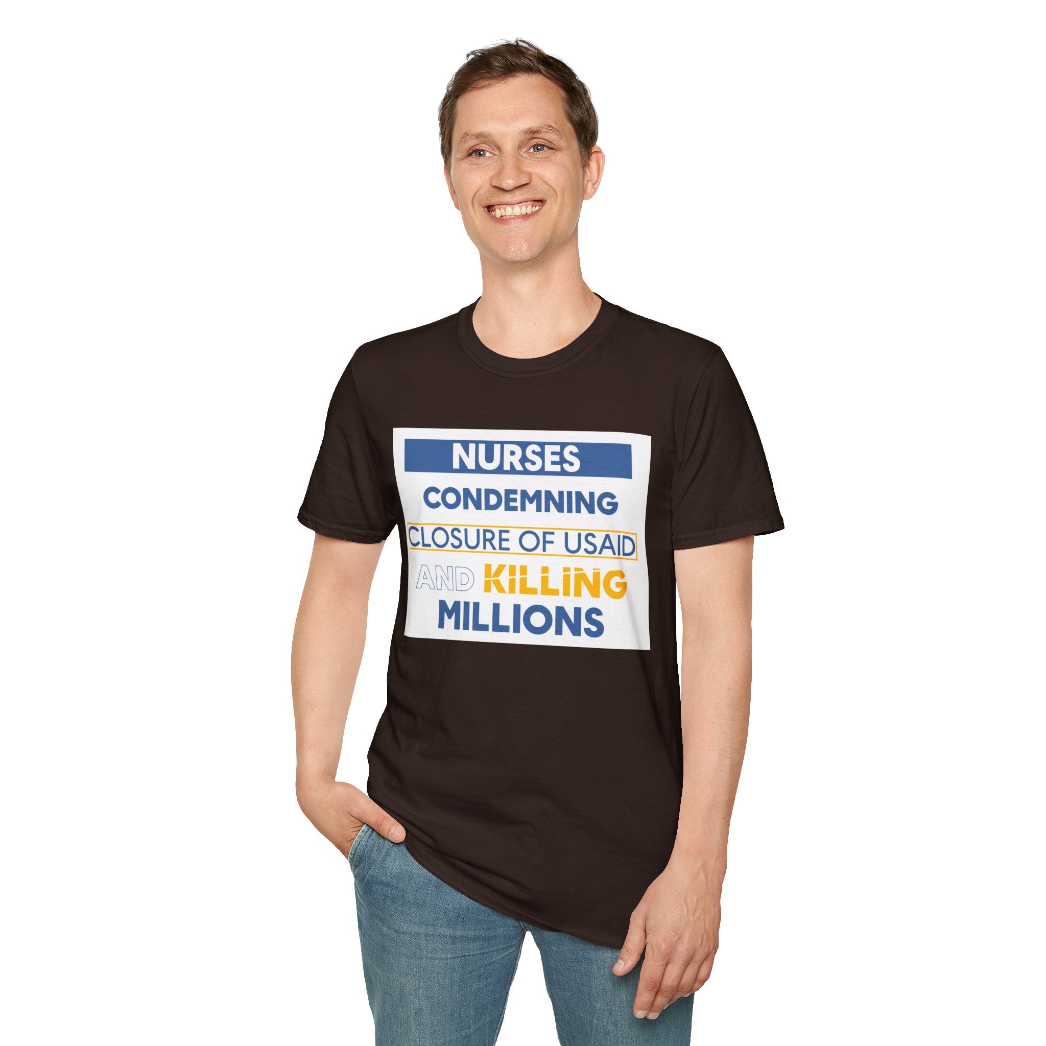 Unisex Lightweight fabric T-Shirt - Nurses Condemning Closure of USAID (front) - Nurses For NIH CDC FEMA USAID And YOU (back) - 100% ring-spun cotton - NFG-T-G64000