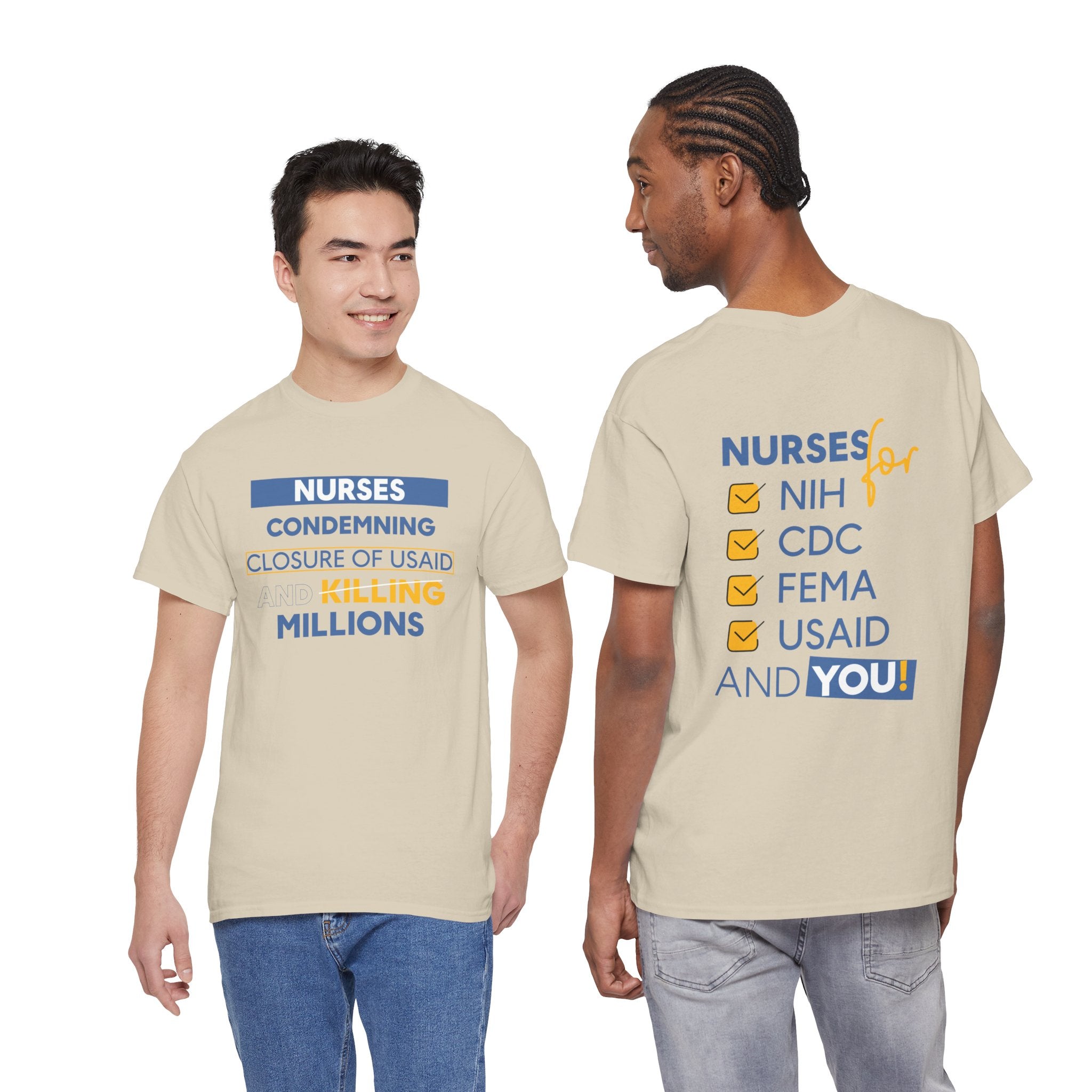 Unisex Medium fabric Cotton Tee - Nurses Condemning Closure of USAID (front) - Nurses For NIH CDC FEMA USAID And YOU (back) - 5.3 oz/yd² / 180 g/m² - NFG-T-G5000