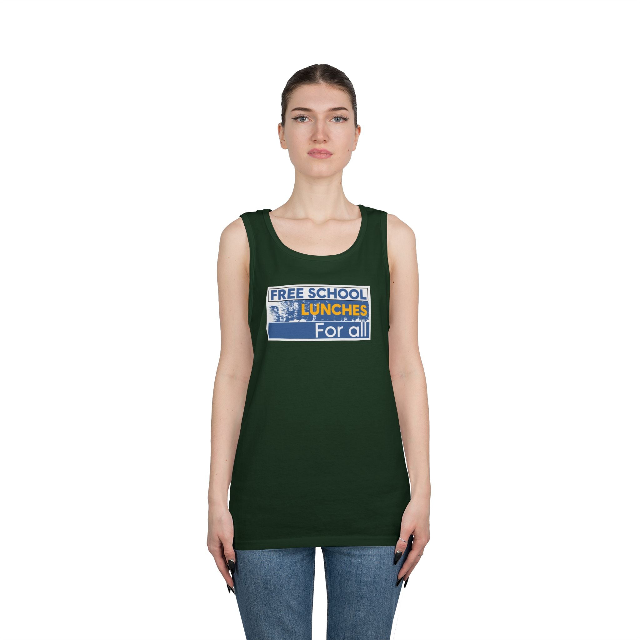 Unisex Medium fabric Cotton Tank Top - Free School Lunches For All (front) - Nurses Against The Rich Starving The Poor (back) - 100% cotton - NAH-K-G5200