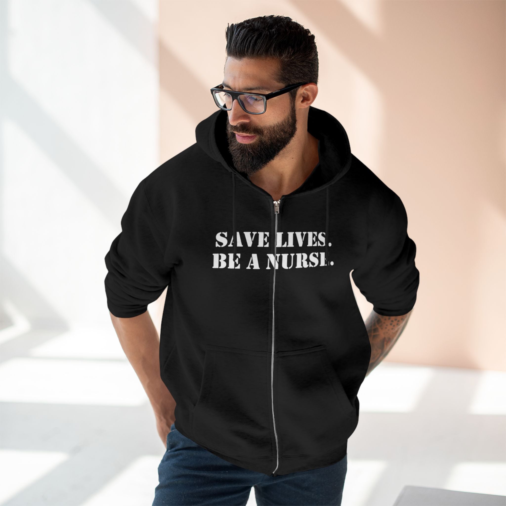 Men's District® Medium-heavy fabric Full-Zip Hoodie - Save Lives Be A Nurse (front) - Not Your Mom (back) - 60% recycled cotton, 40% recycled polyester -Lane Seven LS14003