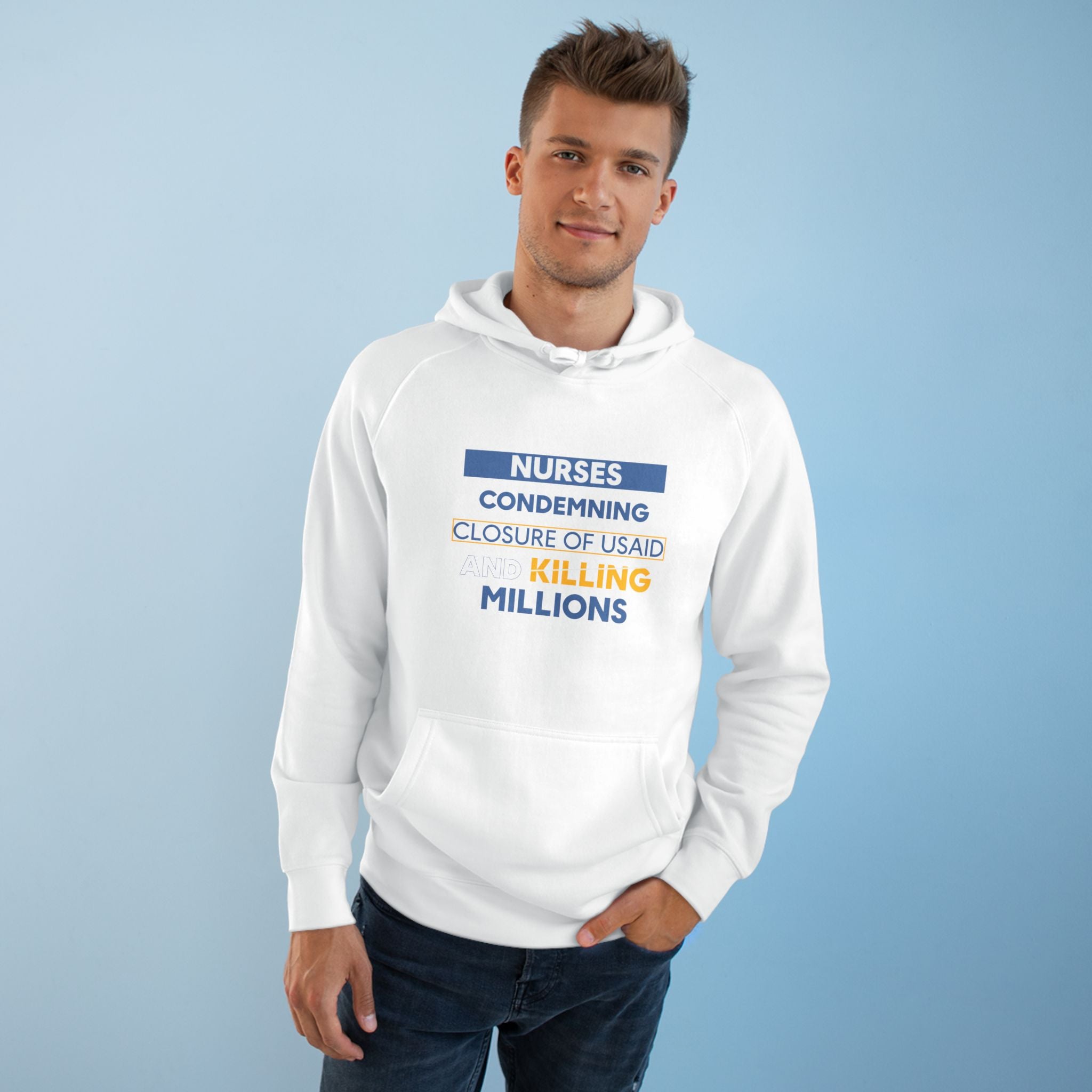 Unisex Mid-weight Hoodie - Nurses Condemning Closure of USAID (front) - Nurses For NIH CDC FEMA USAID And YOU (back) - 80% cotton, 20% Polyester - NFG-H-AC5101