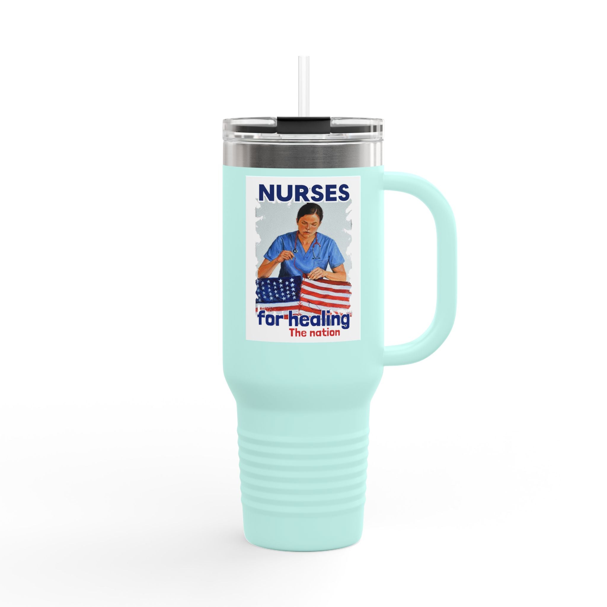 Travel Mug - Nurses For Healing The Nation (front) - Nurses Standing Up For Humanity (back) - 100% stainless steel (body) - NFH-TM-40oz