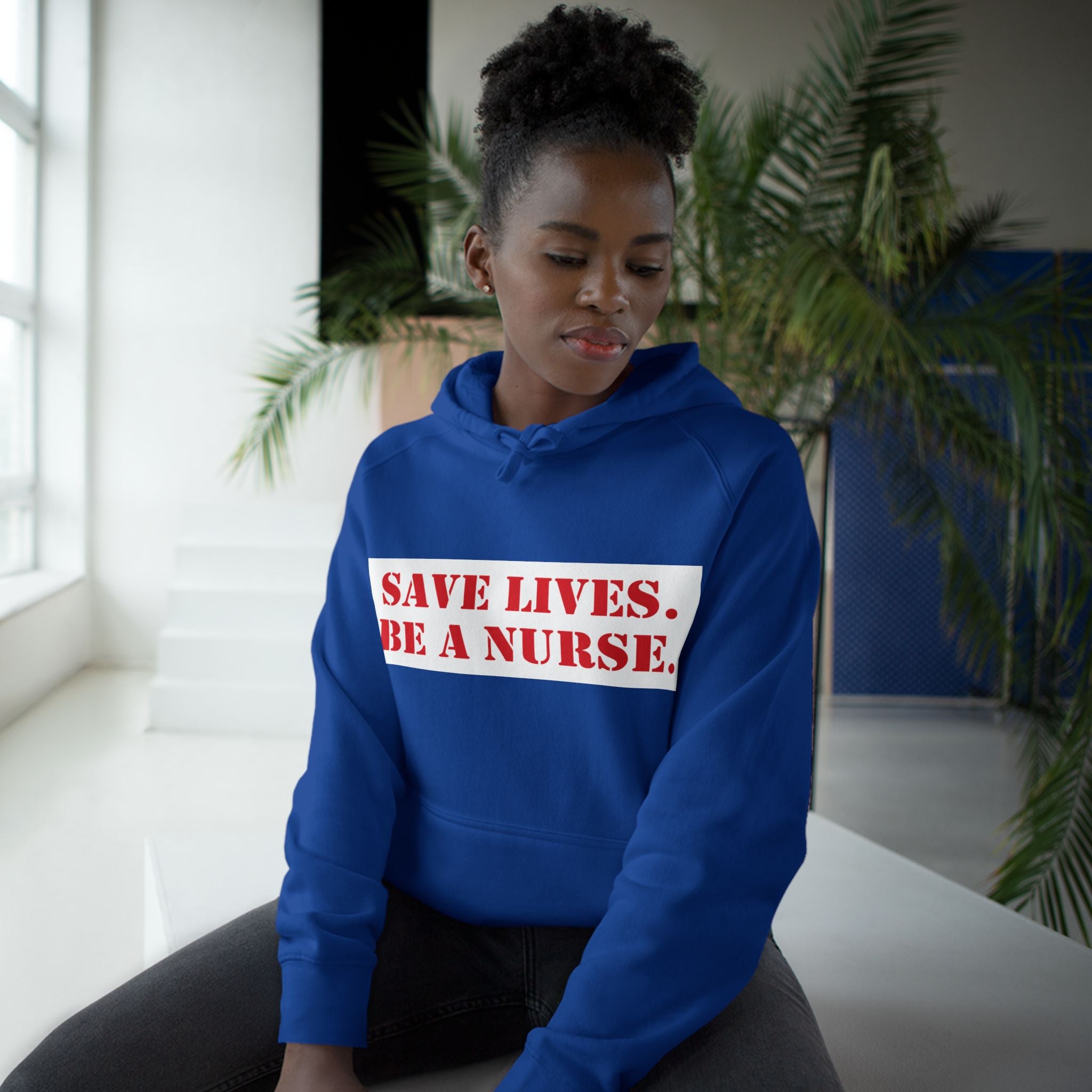 Unisex Mid-weight Hoodie - Save Lives Be A Nurse (front) - Who Advocates? Who Defend? (back) - 80% cotton, 20% Polyester - SLA-H-AC5101