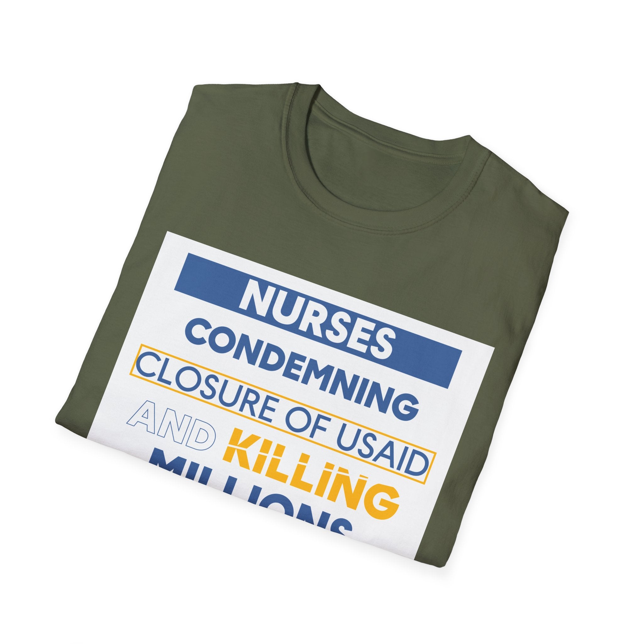 Unisex Lightweight fabric T-Shirt - Nurses Condemning Closure of USAID (front) - Nurses For NIH CDC FEMA USAID And YOU (back) - 100% ring-spun cotton - NFG-T-G64000