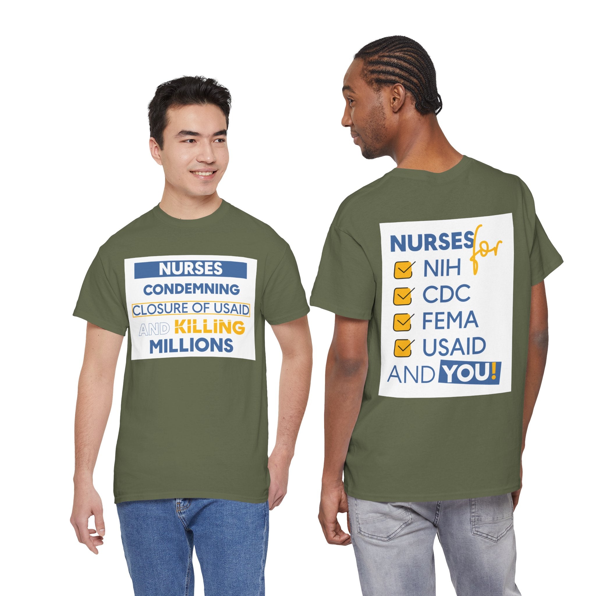 Unisex Medium fabric Cotton Tee - Nurses Condemning Closure of USAID (front) - Nurses For NIH CDC FEMA USAID And YOU (back) - 5.3 oz/yd² / 180 g/m² - NFG-T-G5000