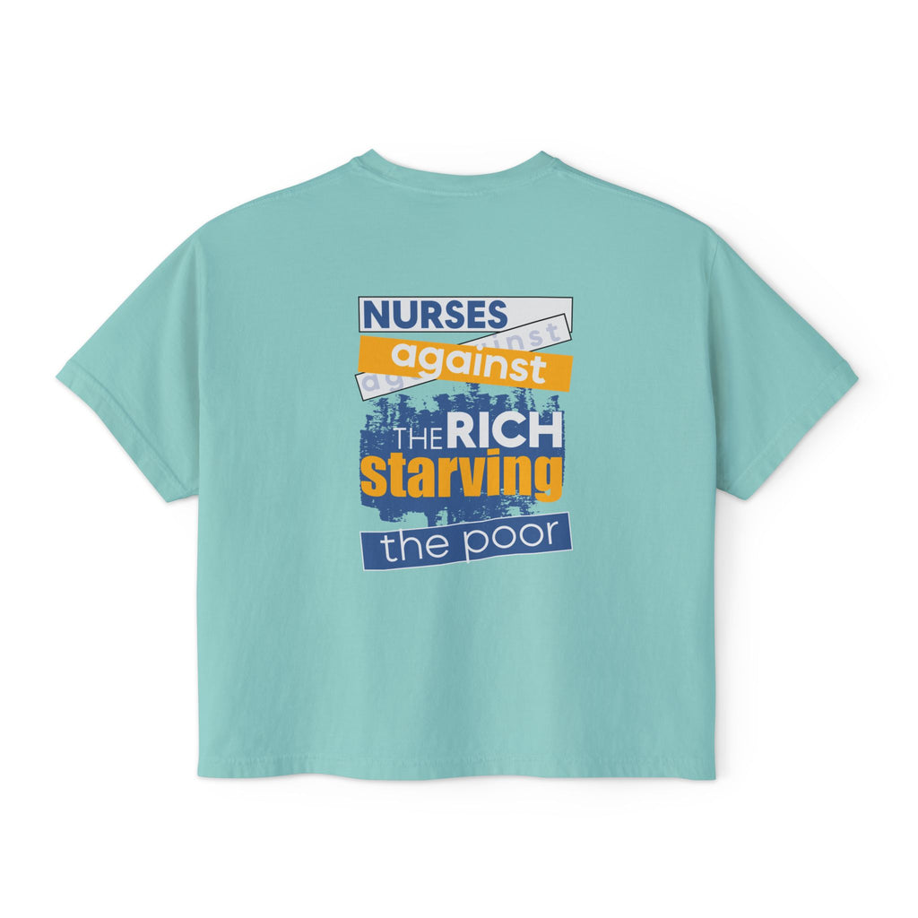 Women's Boxy Heavy fabric Tee - Free School Lunches For All (front) - Nurses Against The Rich Starving The Poor (back) - 100% ring-spun US cotton - NAH-T-CC3023CL