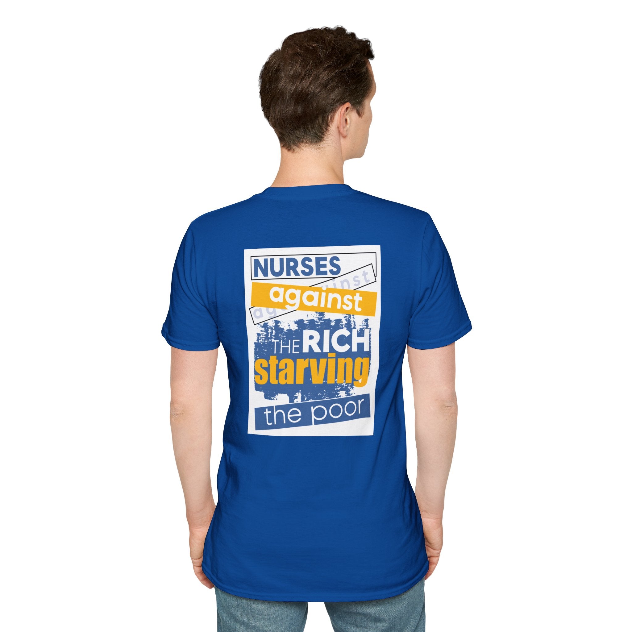 Unisex Lightweight fabric T-Shirt - Free School Lunches For All (front) - Nurses Against The Rich Starving The Poor (back) - 100% ring-spun cotton - NAH-T-G64000