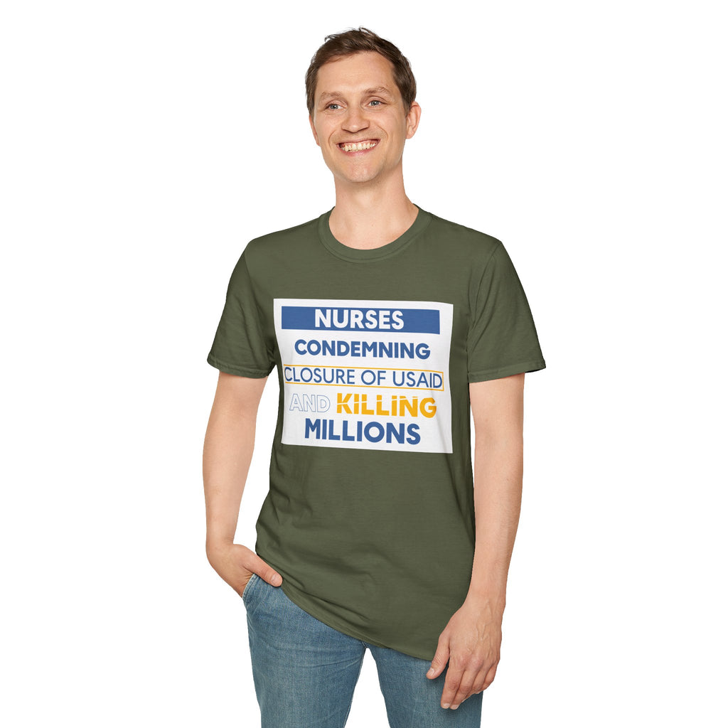 Unisex Lightweight fabric T-Shirt - Nurses Condemning Closure of USAID (front) - Nurses For NIH CDC FEMA USAID And YOU (back) - 100% ring-spun cotton - NFG-T-G64000