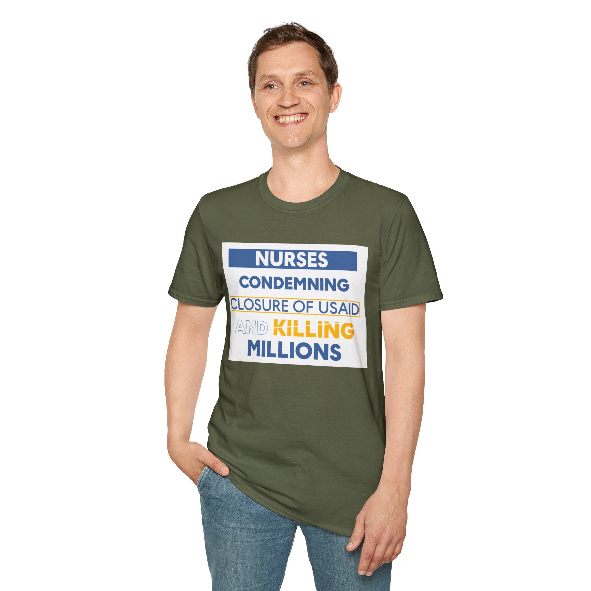 Unisex Lightweight fabric T-Shirt - Nurses Condemning Closure of USAID (front) - Nurses For NIH CDC FEMA USAID And YOU (back) - 100% ring-spun cotton - NFG-T-G64000