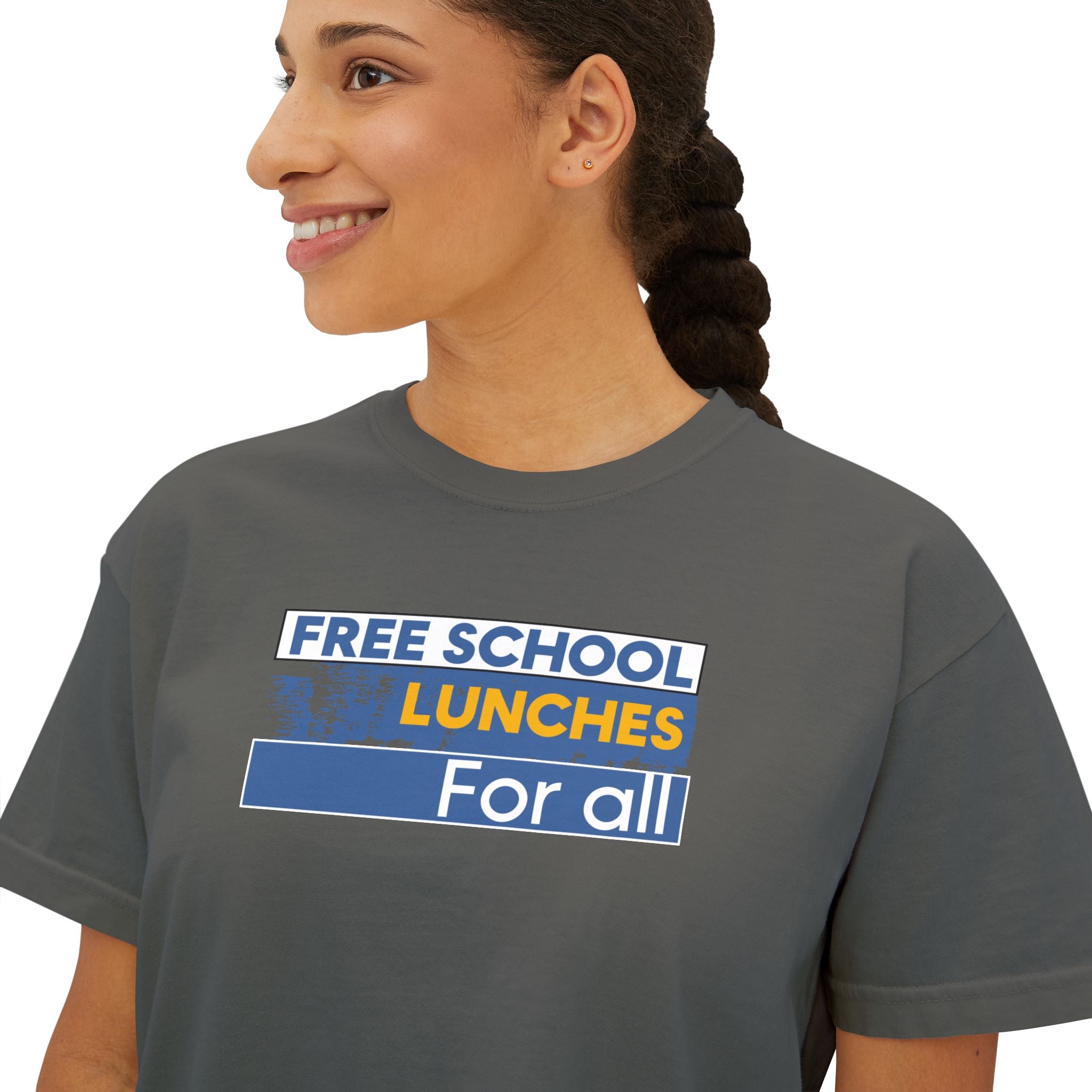 Women's Boxy Heavy fabric Tee - Free School Lunches For All (front) - Nurses Against The Rich Starving The Poor (back) - 100% ring-spun US cotton - NAH-T-CC3023CL