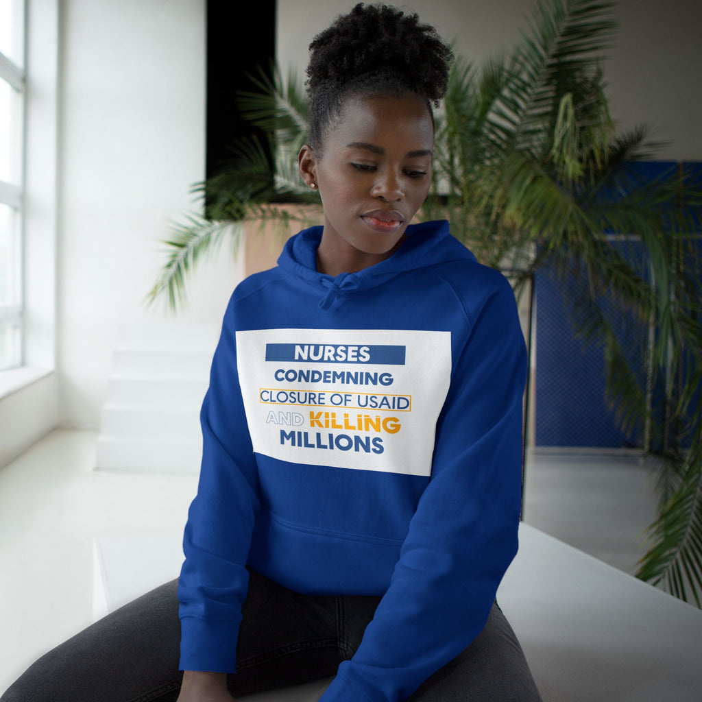 Unisex Mid-weight Hoodie - Nurses Condemning Closure of USAID (front) - Nurses For NIH CDC FEMA USAID And YOU (back) - 80% cotton, 20% Polyester - NFG-H-AC5101