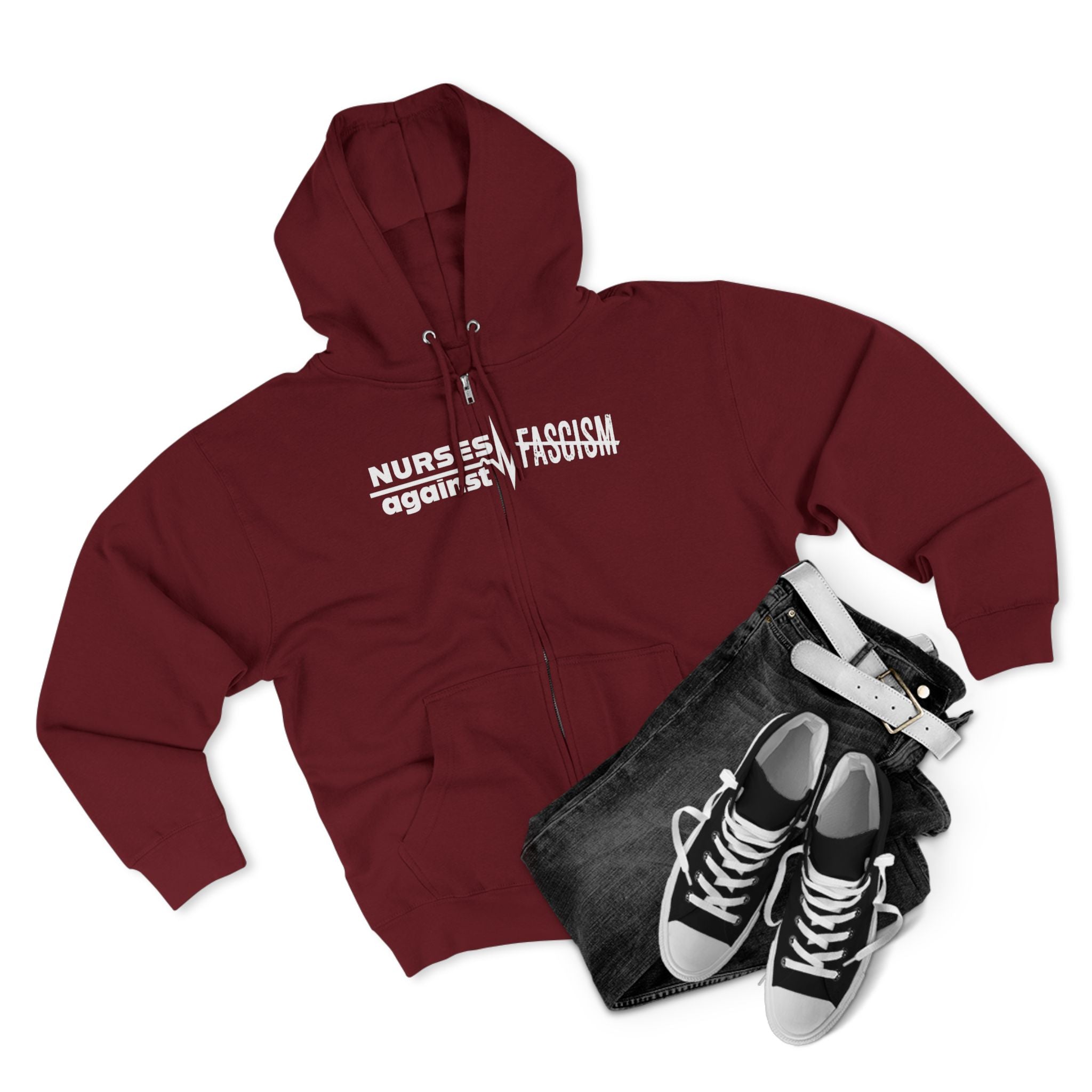 Men's Medium-heavy fabric Full-Zip Hoodie - Nurses Against Fascism (front) - Nurses Against Cruelty (black) - 60% recycled cotton, 40% recycled polyester - Lane Seven LS14003