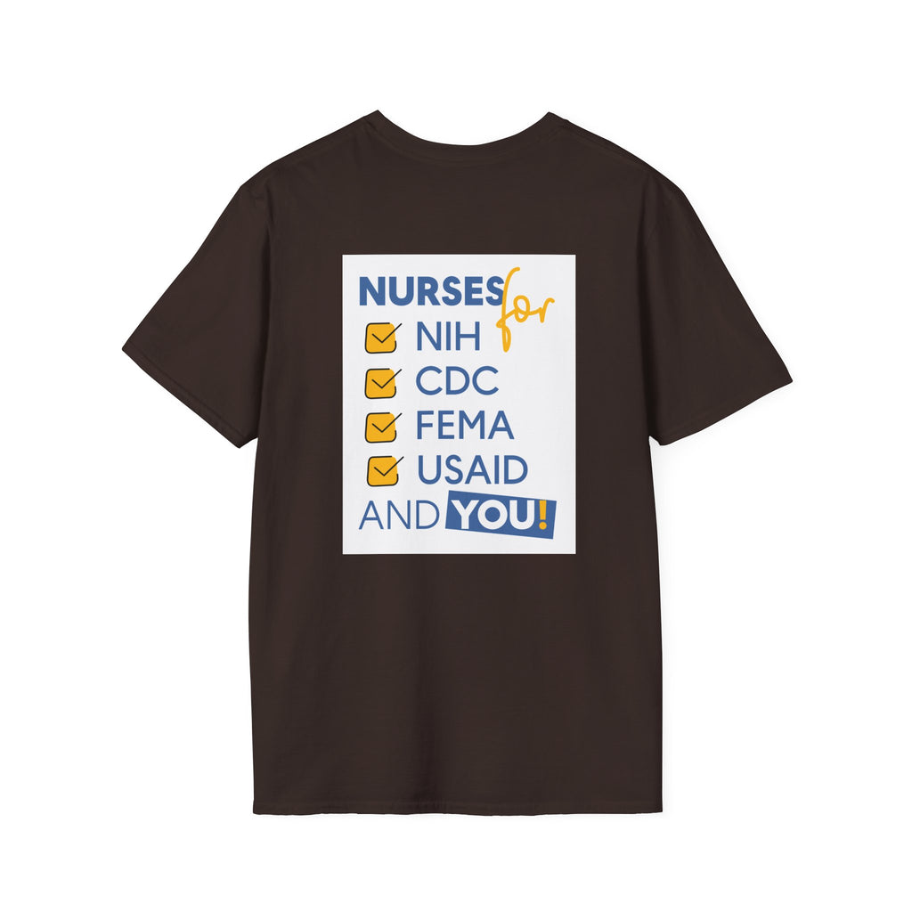 Unisex Lightweight fabric T-Shirt - Nurses Condemning Closure of USAID (front) - Nurses For NIH CDC FEMA USAID And YOU (back) - 100% ring-spun cotton - NFG-T-G64000