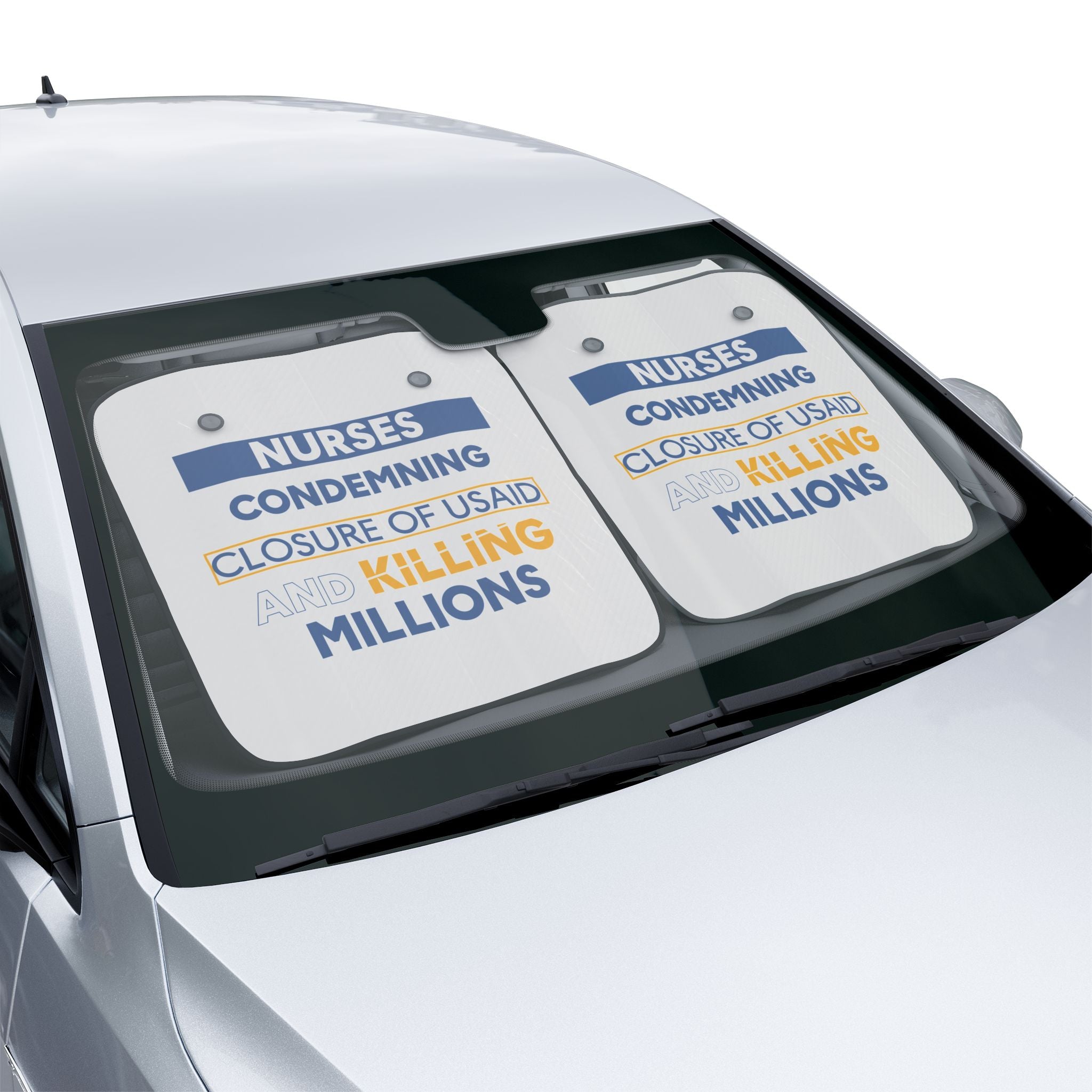 Unisex Car Sun Shade - Nurses Condemning Closure of USAID (front) - 100% Polyester & 100% Aluminized film cushion - NFG-CA-02