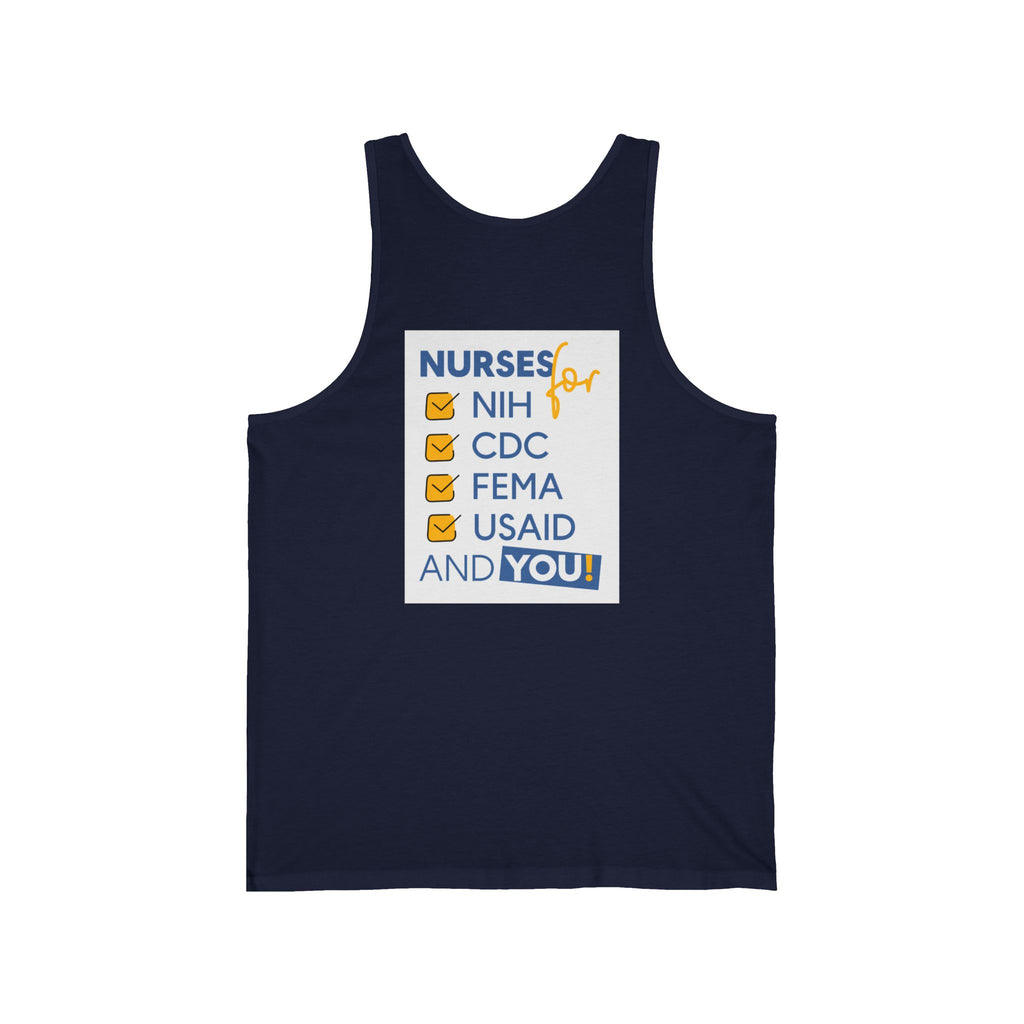 Unisex Light fabric Jersey Tank - Nurses Condemning Closure of USAID (front) - Nurses For NIH CDC FEMA USAID And YOU (back) - 100% Airlume combed and ring-spun cotton - NFG-K-BC3480