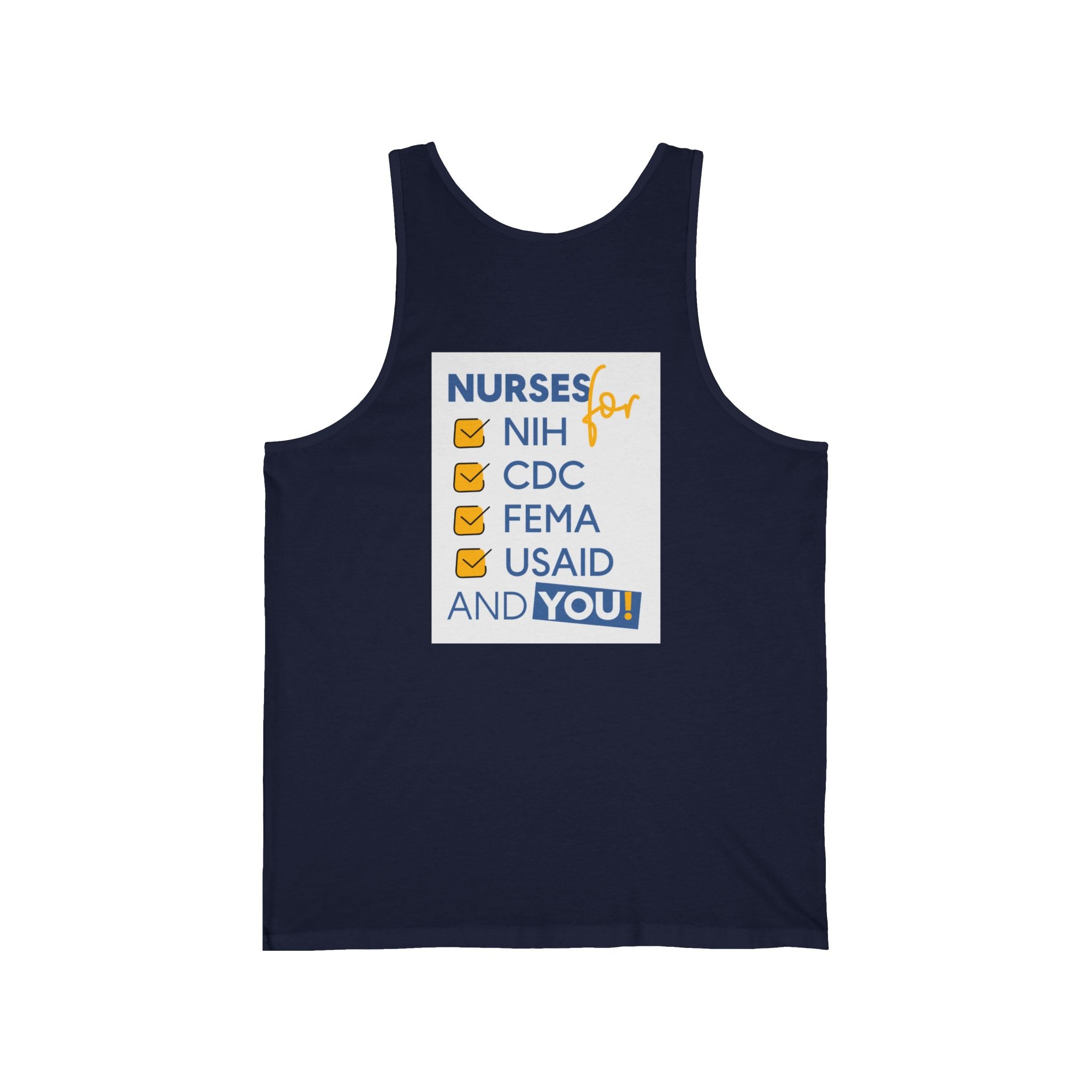 Unisex Light fabric Jersey Tank - Nurses Condemning Closure of USAID (front) - Nurses For NIH CDC FEMA USAID And YOU (back) - 100% Airlume combed and ring-spun cotton - NFG-K-BC3480