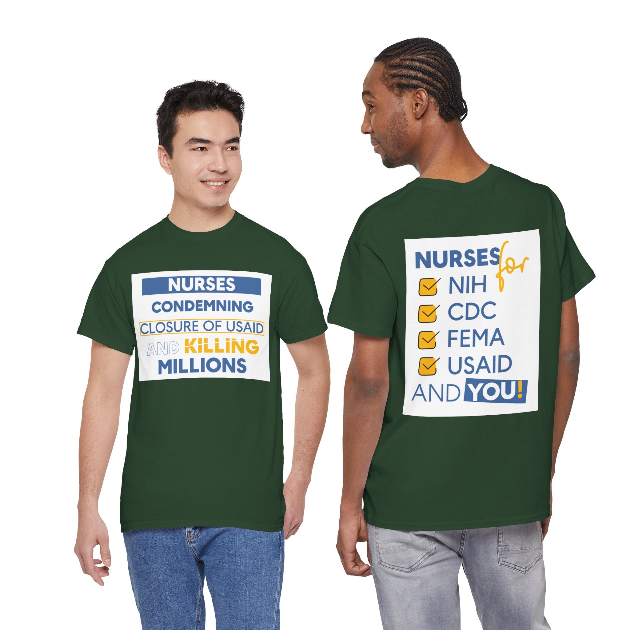 Unisex Medium fabric Cotton Tee - Nurses Condemning Closure of USAID (front) - Nurses For NIH CDC FEMA USAID And YOU (back) - 5.3 oz/yd² / 180 g/m² - NFG-T-G5000